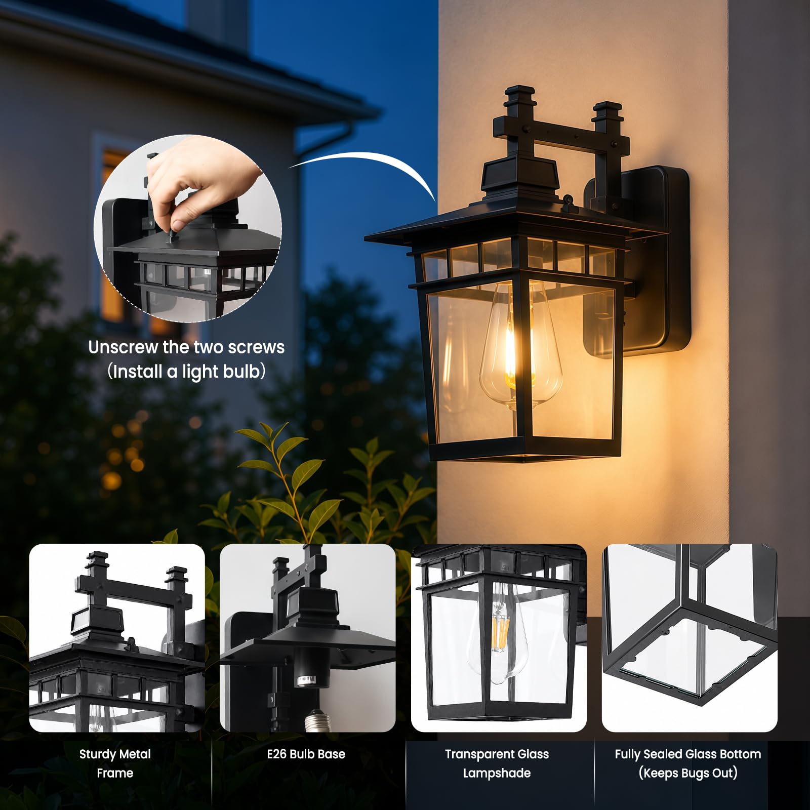 Wandleuchte Aussen, Außenwandleuchten mit Klarglas, IP44Wasserdicht | Wandlampe Vintage, Außenlampe Balkon Lampe Wandlampe Aussen (Schwarz, 40W)
