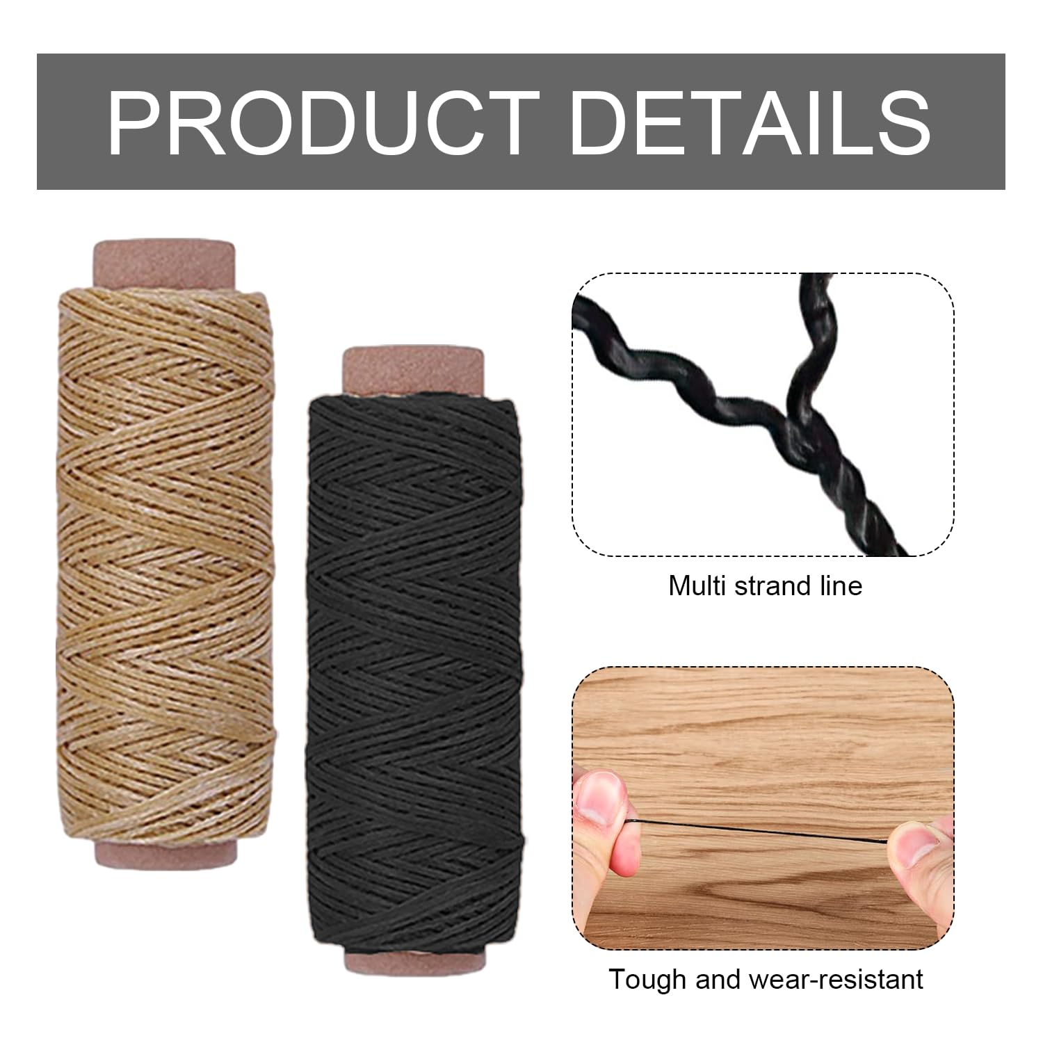 Kit Cucito Pelle - 3 Rotoli Filo Di Cera, 7 Aghi, 2 Ditali Per Riparare Scarpe E Accessori (Nero/Marrone/Kaki) - Foto 9