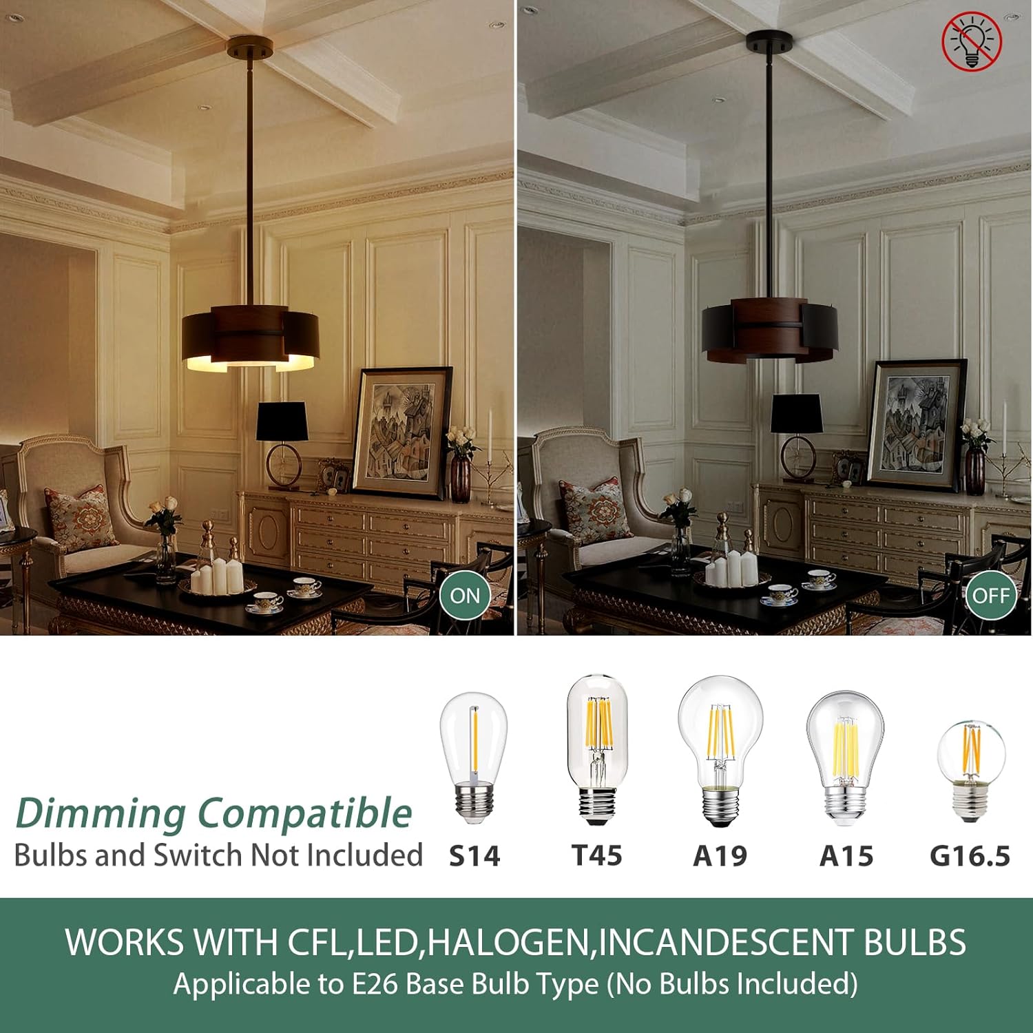 Farmhouse Chandelier 13“ Small Ceiling Light 3-Light Height Adjustable Round Pendant Lighting Fixture Black and Faux-Walnut Finish for Dining Room Kitchen Foyer Hallyway Corridor
