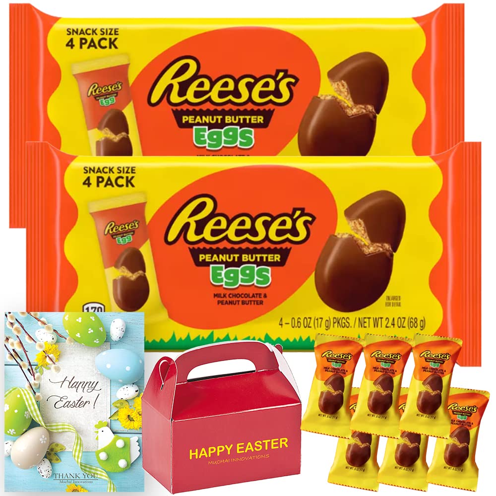 Easter Eggs Candy | Hershey Reeses Peanut Butter Milk Chocolate - Snack Size | For Egg Hunt Deco Basket Stuffer Party Favor Treat Gift - Happy Easter Card & Box Included | 2.4oz 4 pack 2 Bags