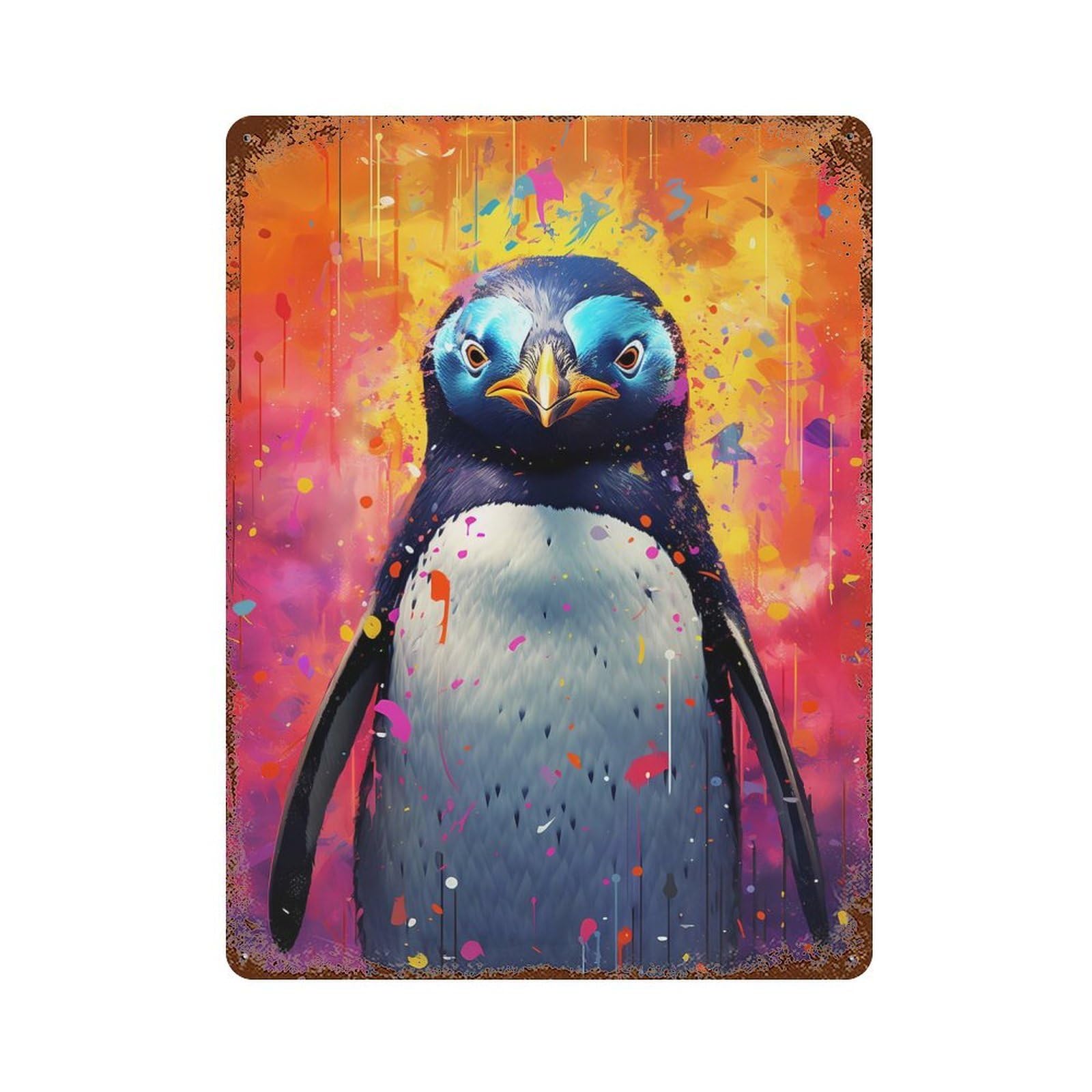 Penguin Colorful 15.7"x11.8" Distressed Metal Wall Sign, Shabby Chic Decor for Office, Studio And Wall Decor
