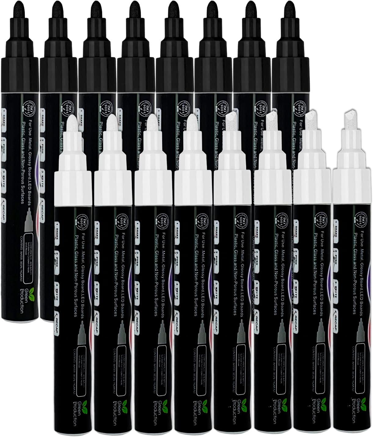 TIIKKASI Wet Erase Liquid Chalk Markers Black & White Set, 6mm (8 Pack Each), Reversible Tip for Non Porous Whiteboard, Blackboard, Glass Windows, School Business Office Supplies