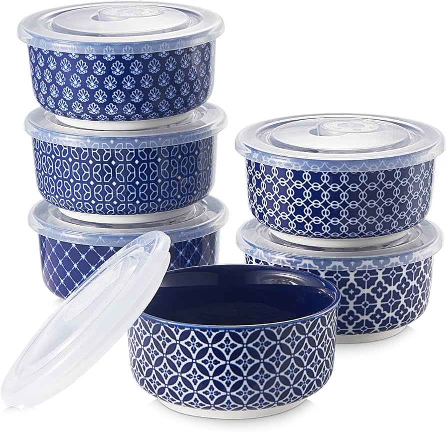 Ramekins 8 oz Oven Safe with Lids for Creme Brulee Souffle, Ceramic Custard Cups for Baking, Dipping Bowls Condiment Sauce Cups, Set of 6, Vintage Blue