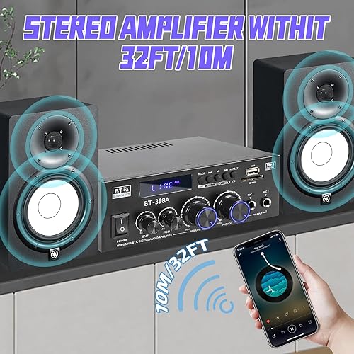 Miniatura 4 de BT-398A Amplificador de audio estéreo, receptor para altavoces Max 900W, receptor estéreo de 2.0 canales con radio FM, entradas ópticas y coaxiales