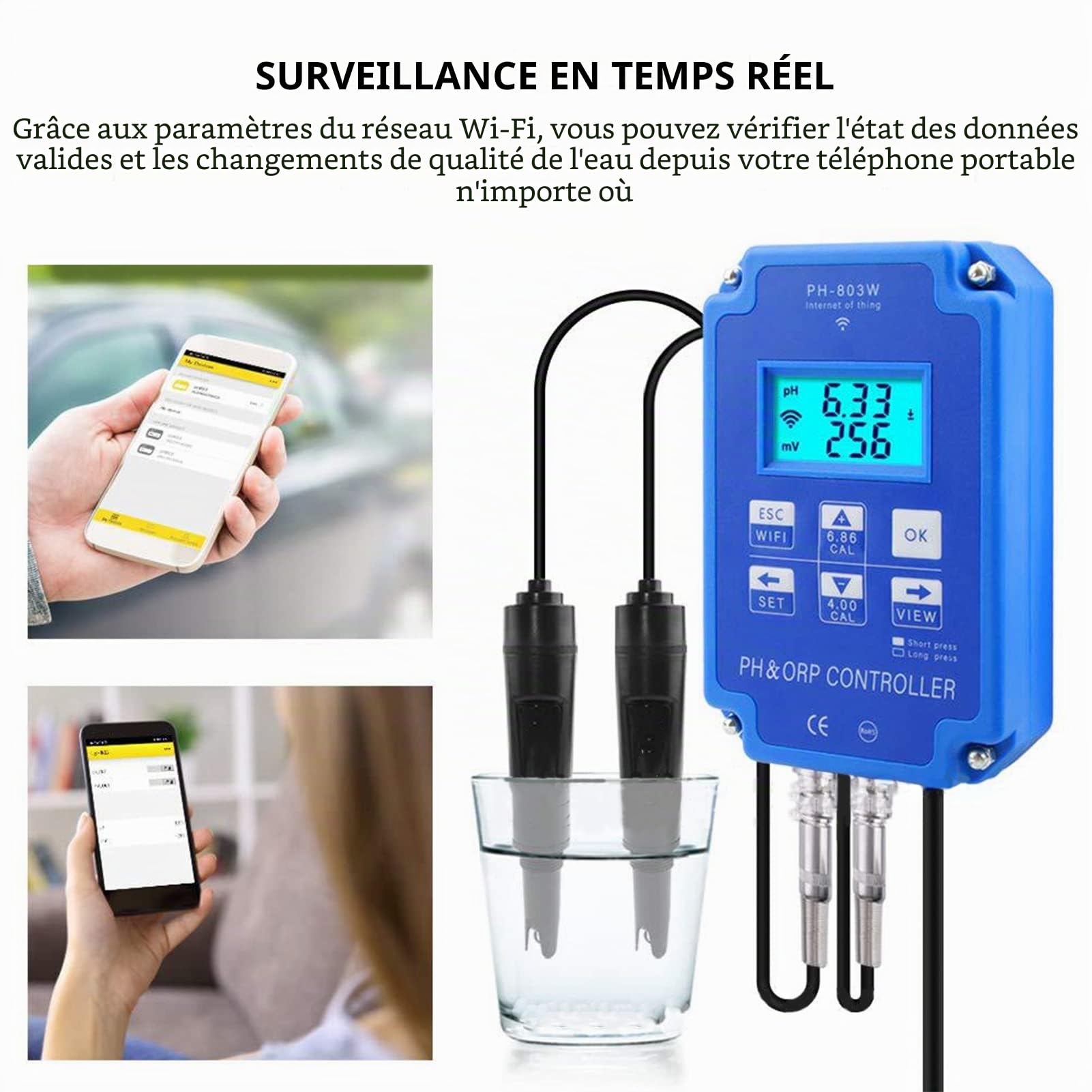 PH ORP Contrôleur Testeur D'eau Multi-paramètres PH-803W pour Surveillance et Contrôle Long Terme Qualité de L'eau(EU Plug 250V)