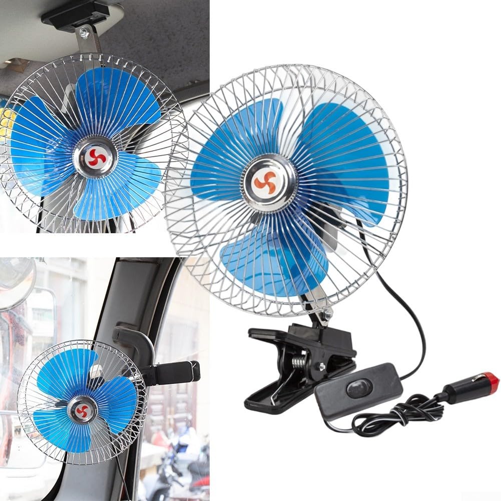 Ventola di raffreddamento per interni del veicolo, velocità regolabile, clip in metallo, con cavo di alimentazione da 1,8 m, per auto e camion (8" 12 V)