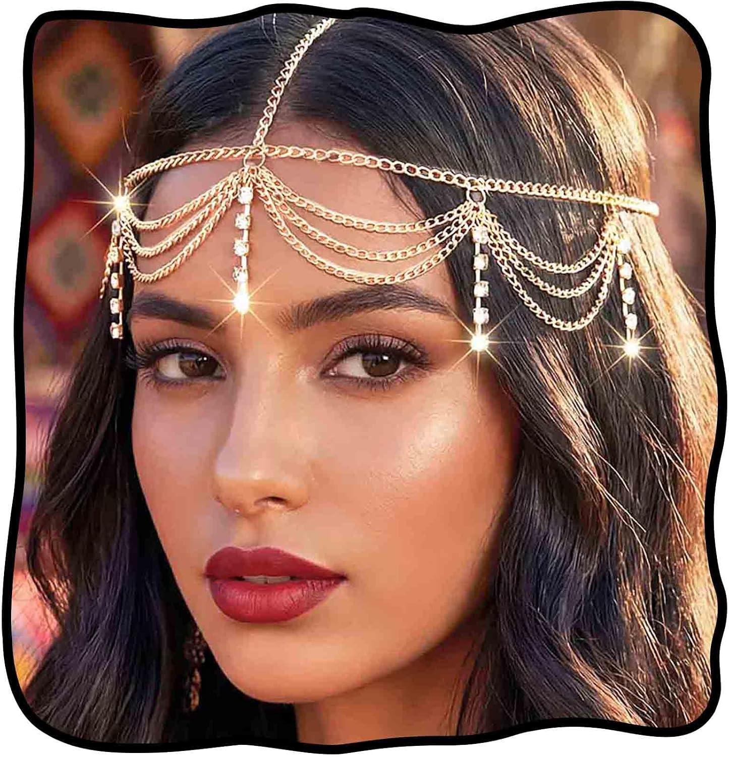 Yokawe Gold Head Chain Jewelry,Boho Layered Rhinestone Tassel Headpieces,Festival Forehead Costume for Women