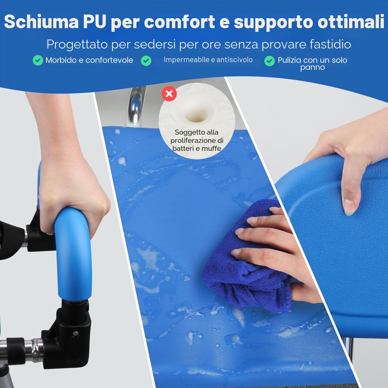 Sedia doccia girevole 360° e scorrevole, portata 204 kg. Regolabile in altezza, braccioli imbottiti, piedini antiscivolo. Sicura e confortevole per doccia e vasca (Blu intenso)