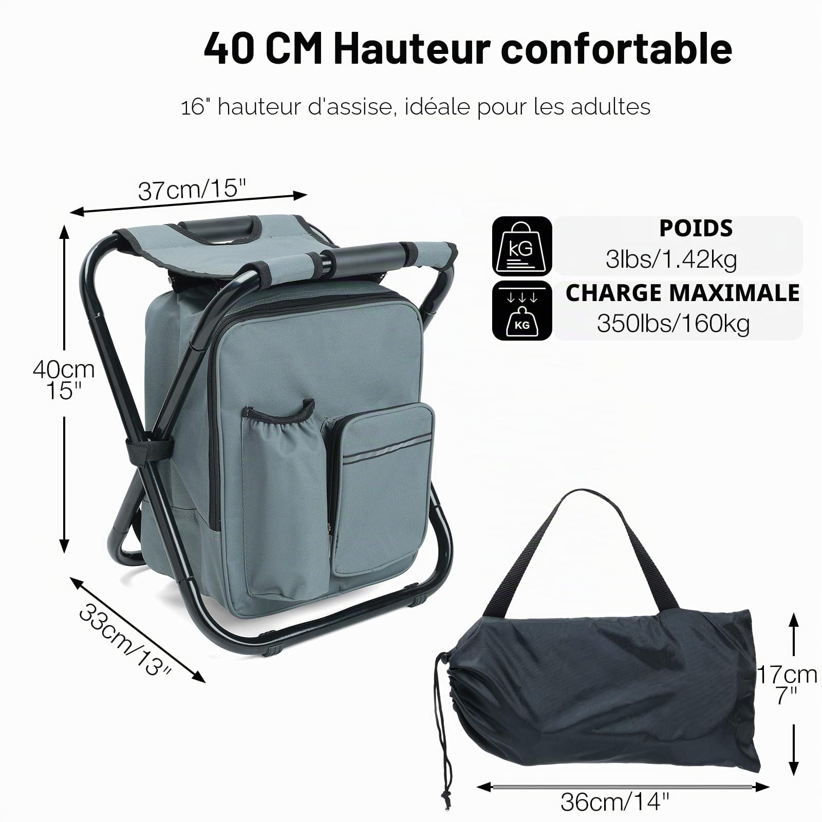 40CM Tabouret Pliable Camping avec Poche de Glacière Amovible, Siege de Peche avec Sac à Dos, Compact et Fonctionnel, Chaise Pliante pour Chasse Pique-Nique, Gris
