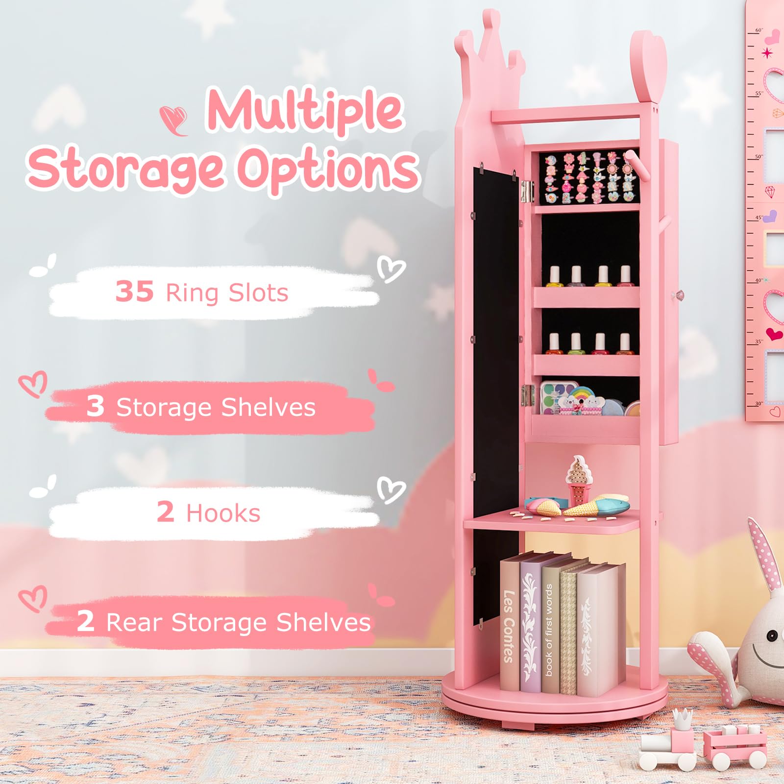 Costzon Kids Vanity & Jewelry Armoire Cabinet, Wooden Kids Vanity Table and Chair Set, 360° Swivel Standing Jewelry Organizer with Full-Length Mirror, Kids Bedroom Furniture Set for Girls (Pink)