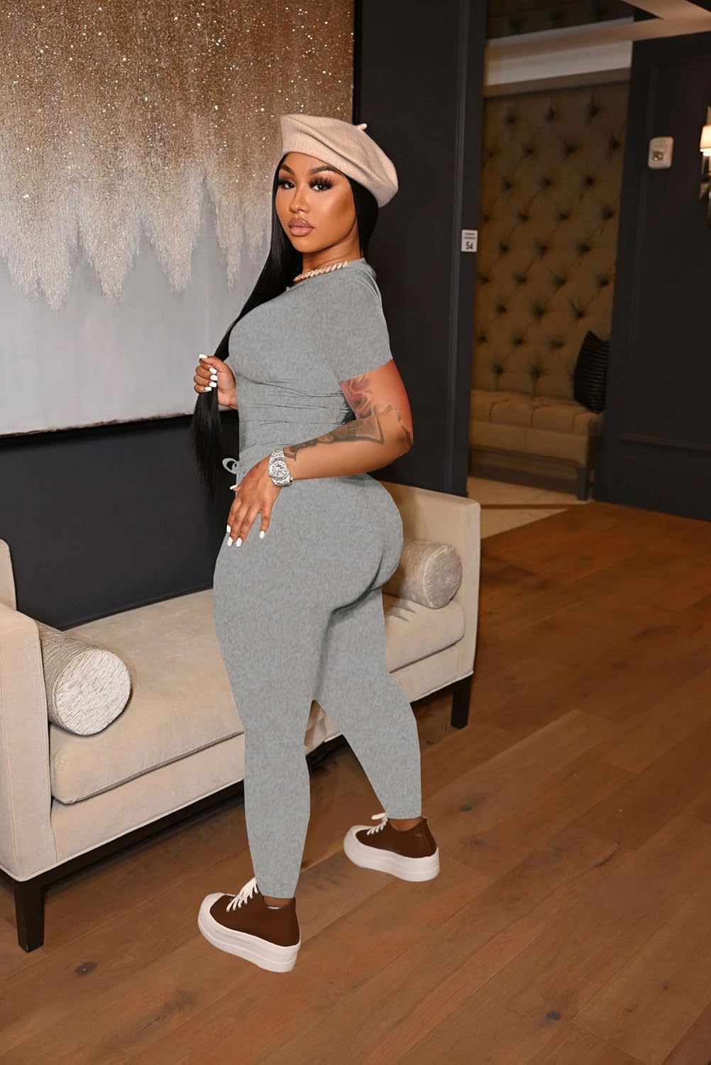 HBQ Women 2 Piece Outfits Sweatsuits Track Suits Crop Tops Biker Long Pants Workout Jogger Sets - Image 4