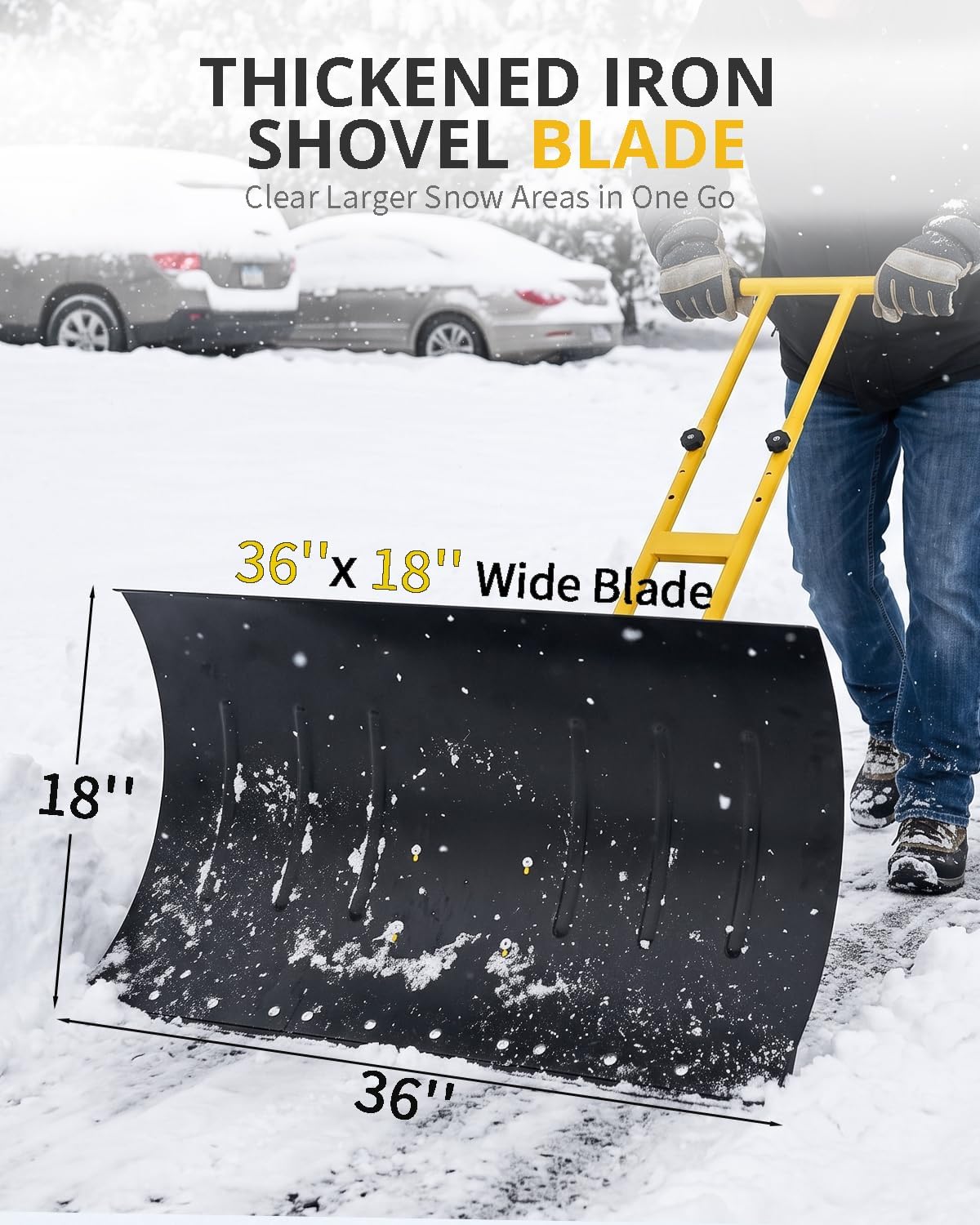 Outvita Snow Shovel with Wheels, 36" Wide 18" Long Double Rods Snow Plow Shovel Angle & Height Adjustable Padded Handle Efficient Snow Clean Tool for Driveway or Pavement (Black & Yellow)