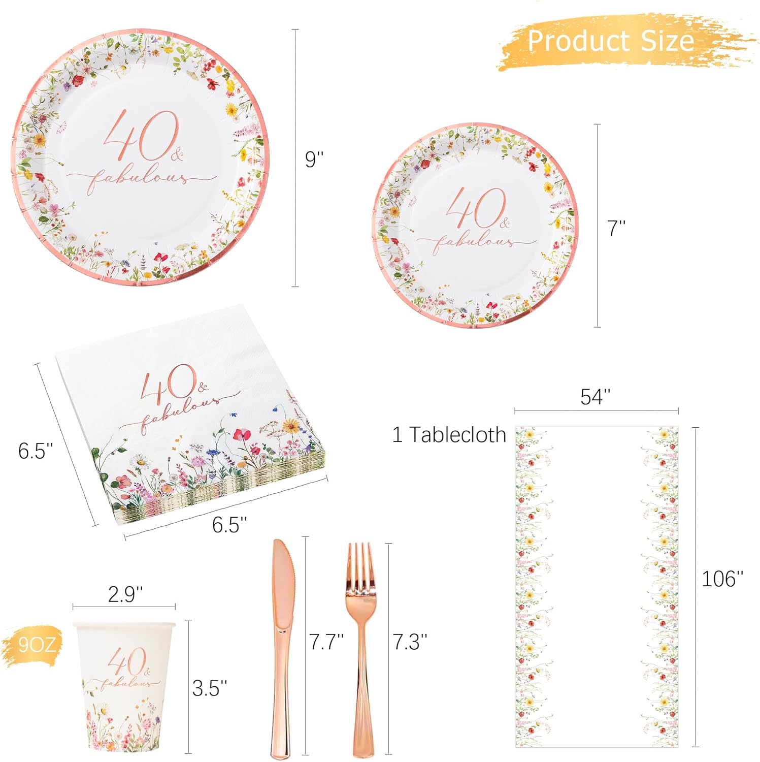 Crisky 40th Birthday Plates and Napkins Set, 40 Fabulous Disposable Paper Tableware Set of 24 for Women 40th Birthday Decorations for Her (Plates, Napkins, Cups, Tablecloth, Knife & Fork)