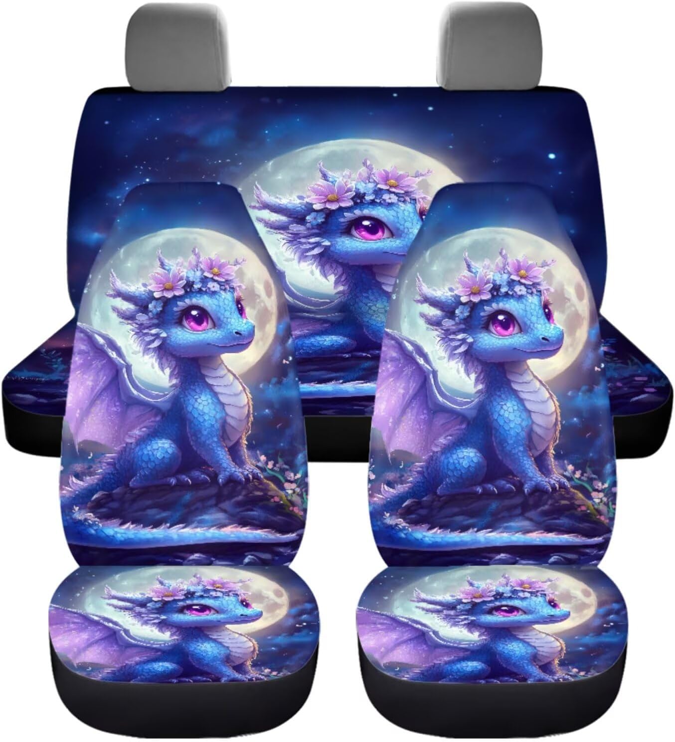Dragon Car Seat Cover Set, 4 Front Rear Split Bench Seat Cushion, 1 Steering Wheel Wrap, 2 Gear Lever Cover Hand Brake Cover and 2 Seatbelt Pad Wrap, 2 Cup Holder Coaster, 11 Piece