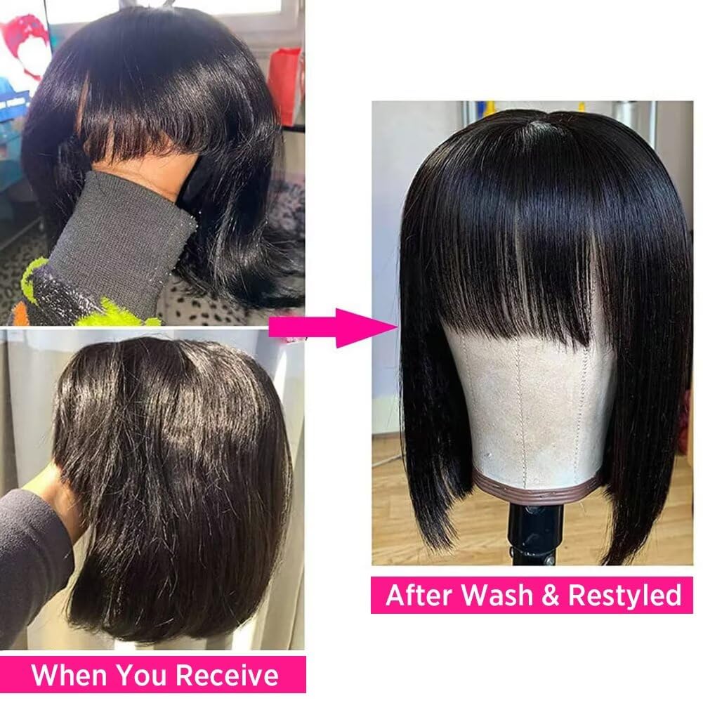 Vanmast Parrucche Per Capelli Umani Hmuan Hair Wig With Bangs Straight Bob Wig for Women Brazilian Virgin Glueless Wigs Human Hair None Lace Front Wigs Parrucche Ricci Nera Con Frangia 12 inch