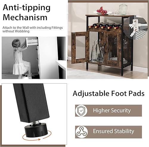 Miniatura 7 de Giantex Armario industrial para licores con soporte para vidrio, estante extraíble para vino, 2 puertas de malla metálica, aparador pequeño para