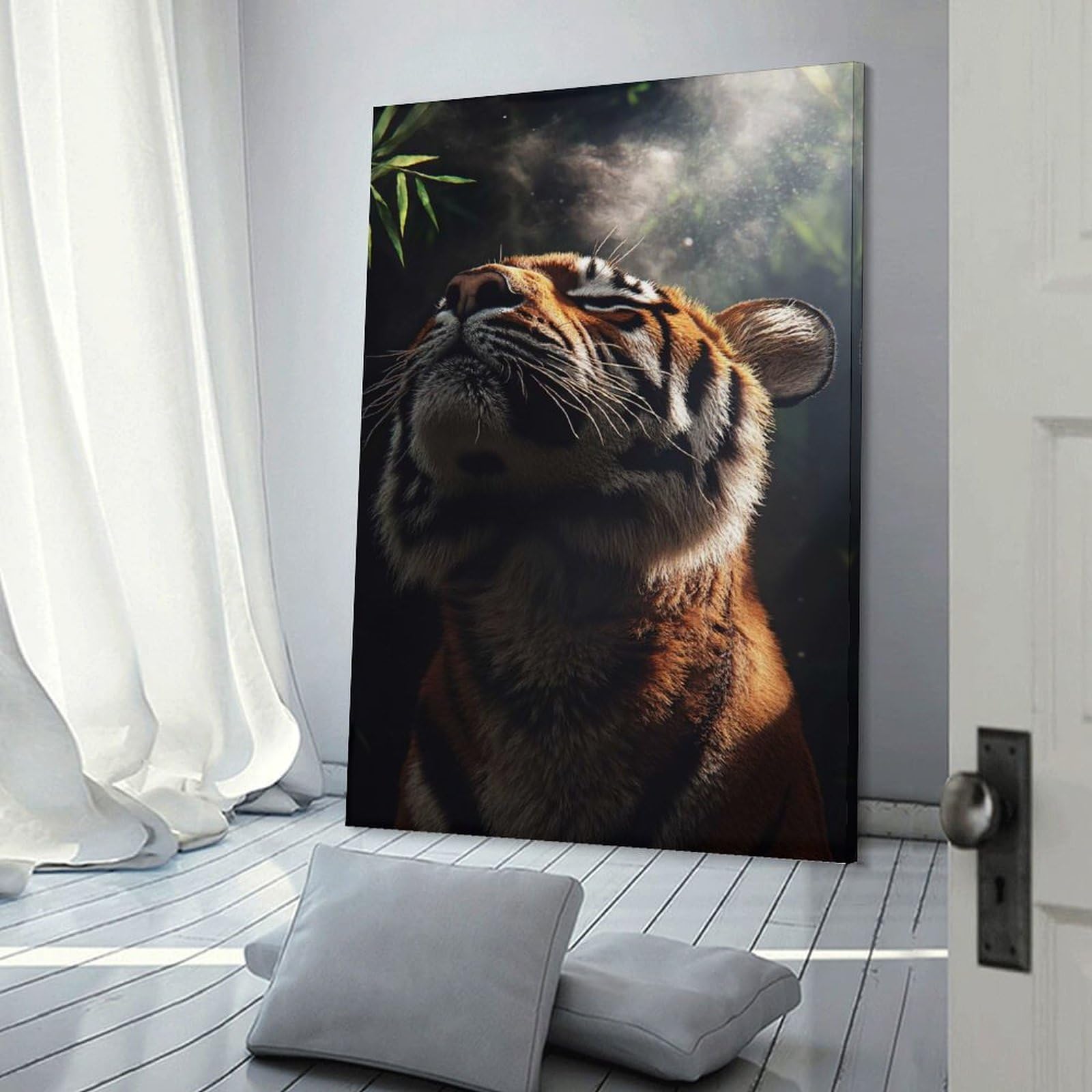Junmoney Canvas Art Print Tiger Looking Upward in Jungle, 12x18inch(30x45cm), for Living Room, Bedroom Or Home Office, A Wall Art Gift for Fresh Interiors