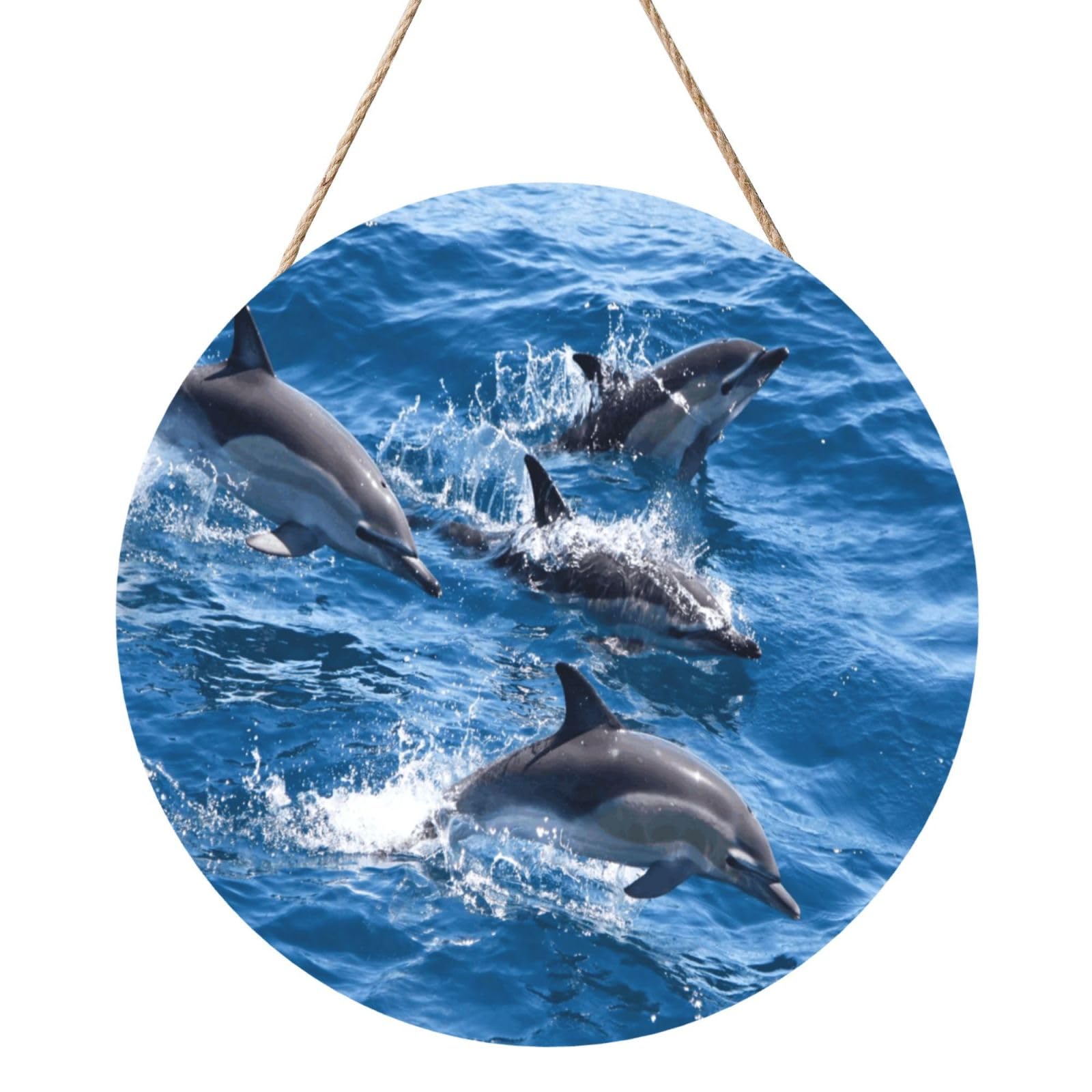 InOmak Dolphins In The Sea, Round Wood Panel Painting 12 in, Wall Hanging Painting For Home