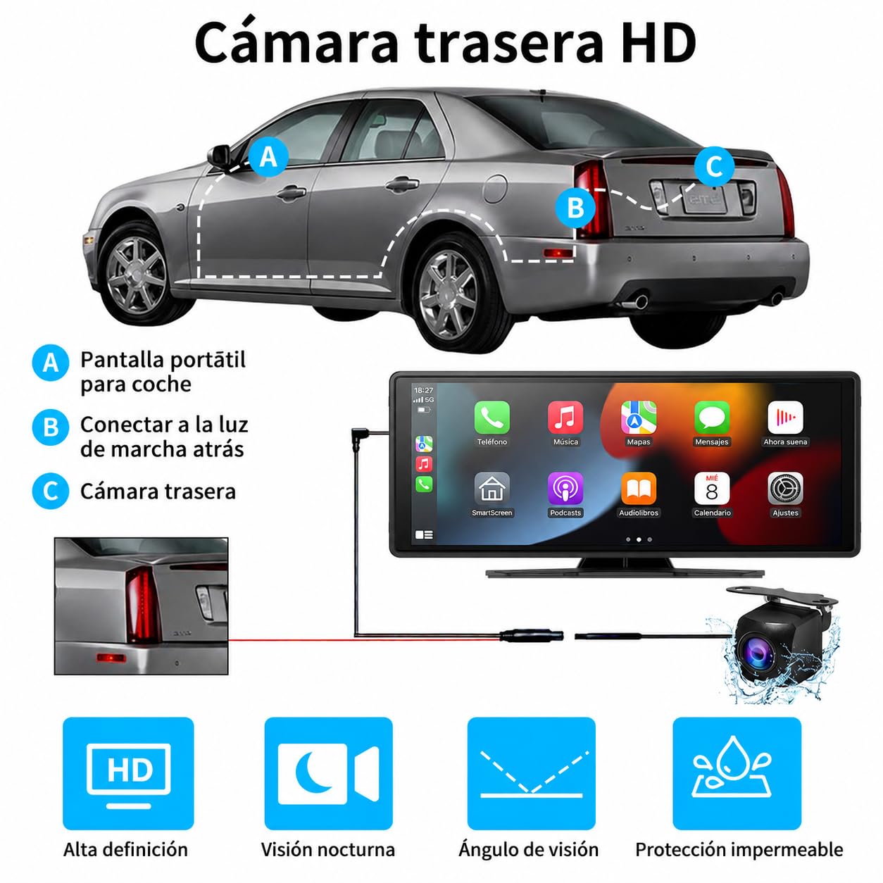Pantalla CarPlay Coche 10,26", Pantalla Portátil para Coche con CarPlay Inalámbrico y Android Auto, Dash CAM 4K, Admite Cámara Trasera 1080P, IPS Táctil, Mirror Link, BT/FM/AUX, 64GB TF, 12V/24V