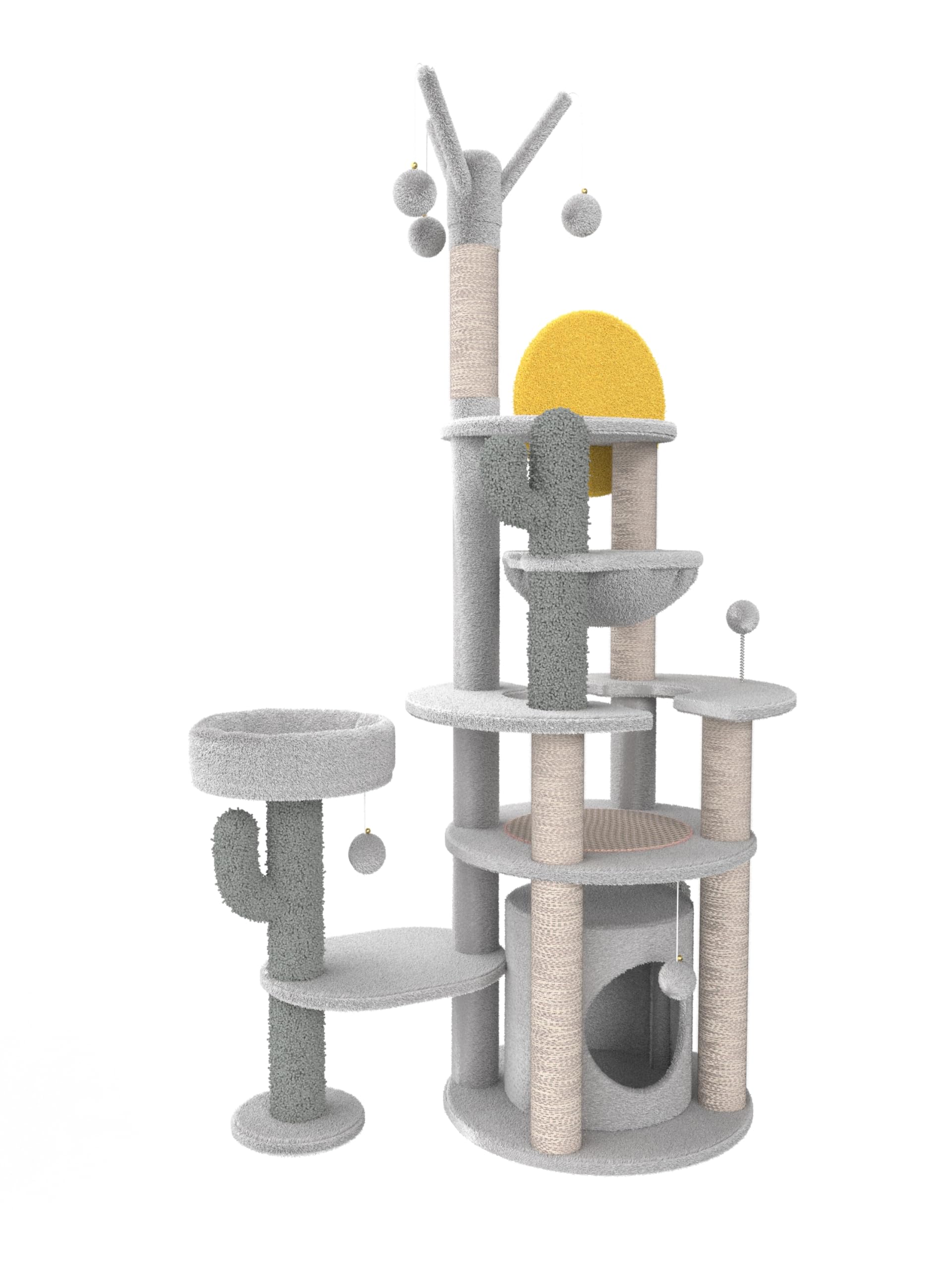 72" Cat Tree, Tall Cat Tower Tree with Hammock, Sisal Posts, Condo, Ball Toys and Platforms for Indoor Cats, West Style, Grey