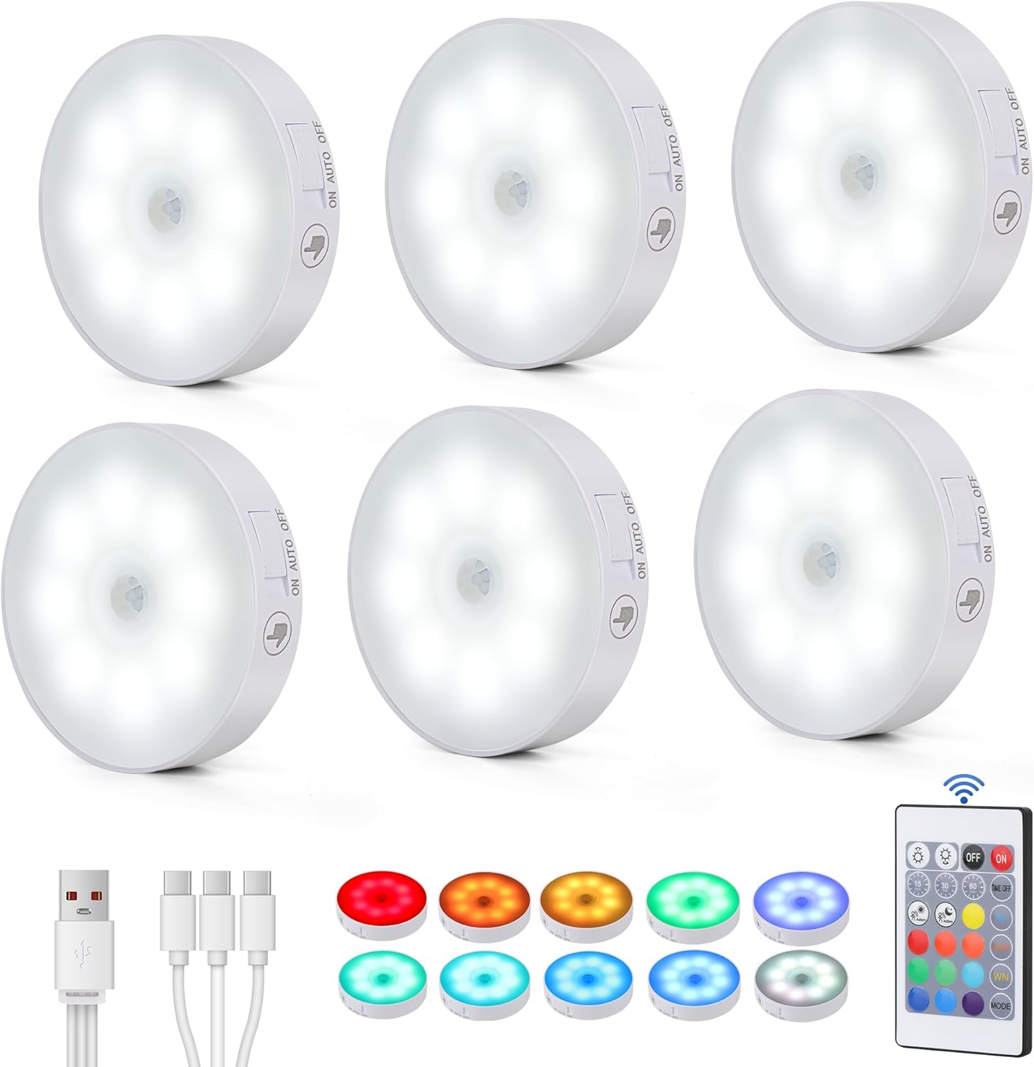 6-Pack Rechargeable LED Puck with Motion Sensor, 1500mAh RGB Dimmable Under Cabinet with Remote, USB-C, Magnetic Stick-On Night Lights for Kitchen, Closet, Bedroom