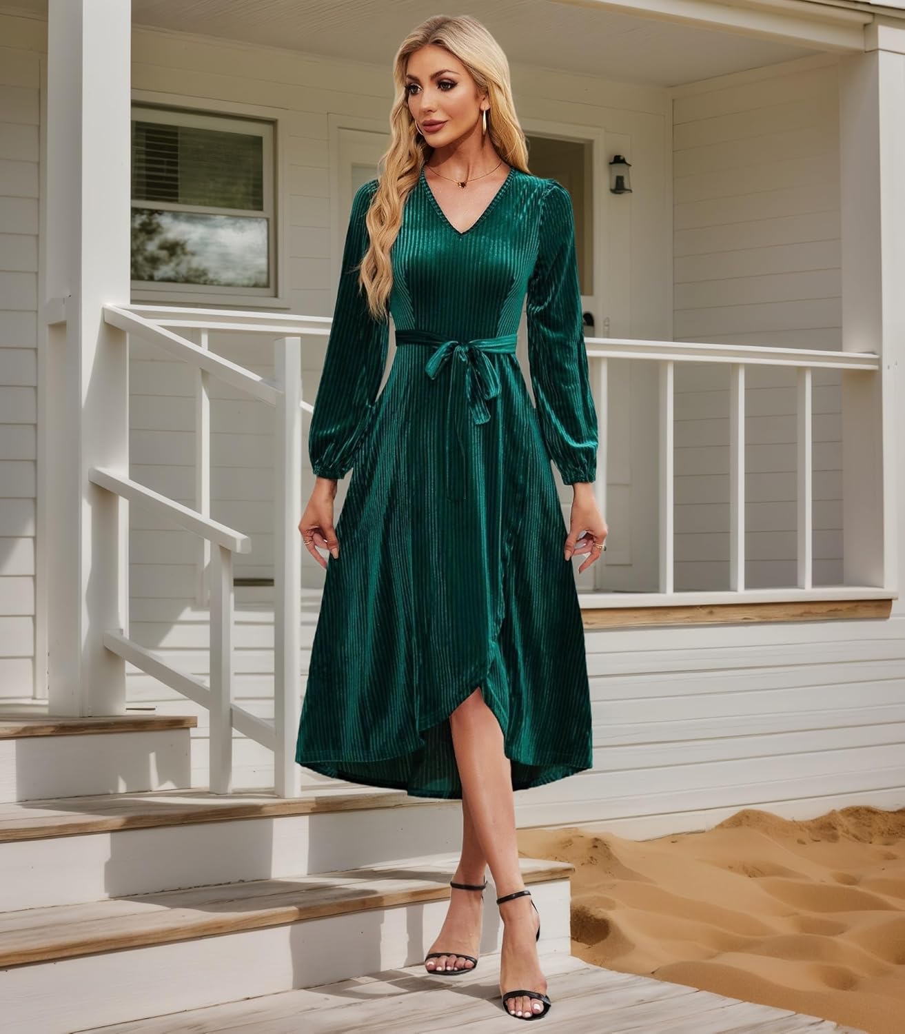 Women's Velvet V Neck Puff Sleeve Dress for Wedding Guest Cocktail Elegant Bodycon Party Midi Dress - Image 3