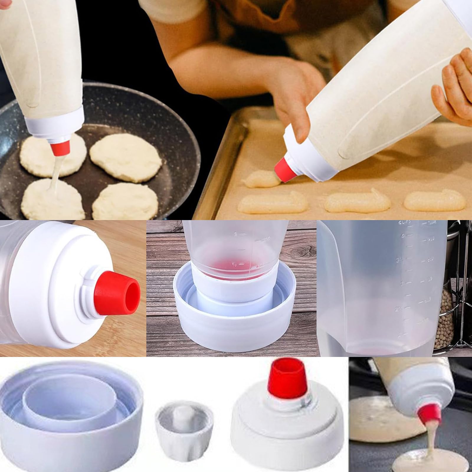 2 Stück Teigspender Quetschflasche, Pancake Mixer Bottle, Teigdosierflasche 1l, Teigflasche Pfannkuchen, Teig Mixer für Pancakes, für Poffertjes Donut Muffins Crêpe Quetschflasche Teigdosierer