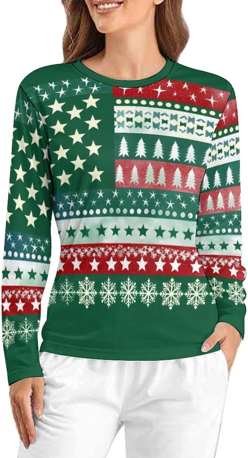 Christmas Pattern American Flag Women's Pajama Top Sleepwear Pajamas Sleep T-Shirt Long Sleeve Shirt Crewneck Tee