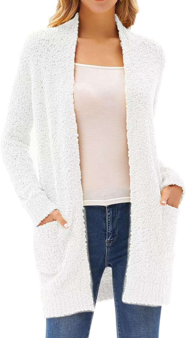 GRACE KARIN Long Cardigan Sweaters for Women, Open Front Fuzzy Winter Coat, Chunky Knit Winter Clothing with Pockets