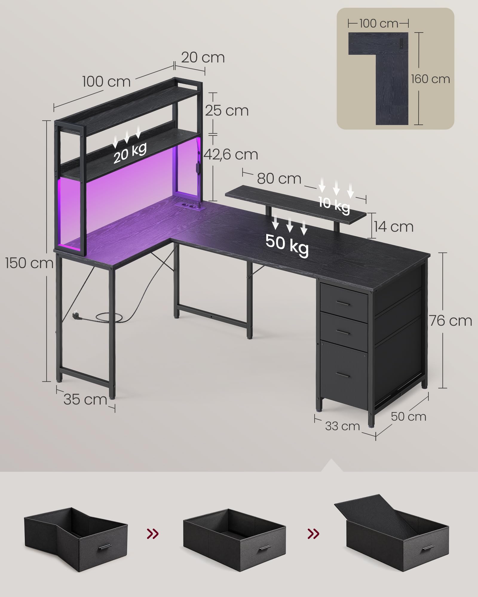 VASAGLE Scrivania Angolare, Scrivania da Gaming con Prese e Porte USB, Luci LED, 3 Cassetti, Supporto per Monitor, 160 x 100 x 150 cm, Nero Ebano, Collezione BARNET LWD163B101
