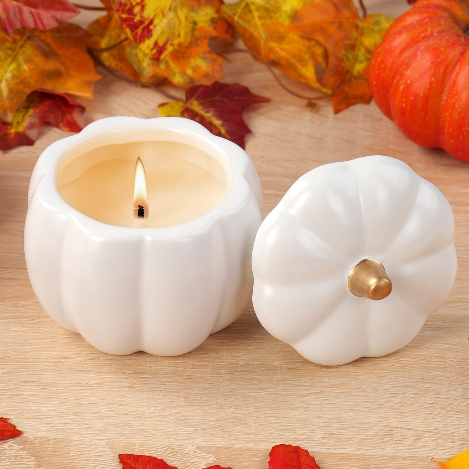 Fall Candles with Ceramic Pumpkin Jar-Pumpkin Spice Candle for Home, Autumn Pumpkin Candle Decor- Halloween Thanksgiving Gift （White）