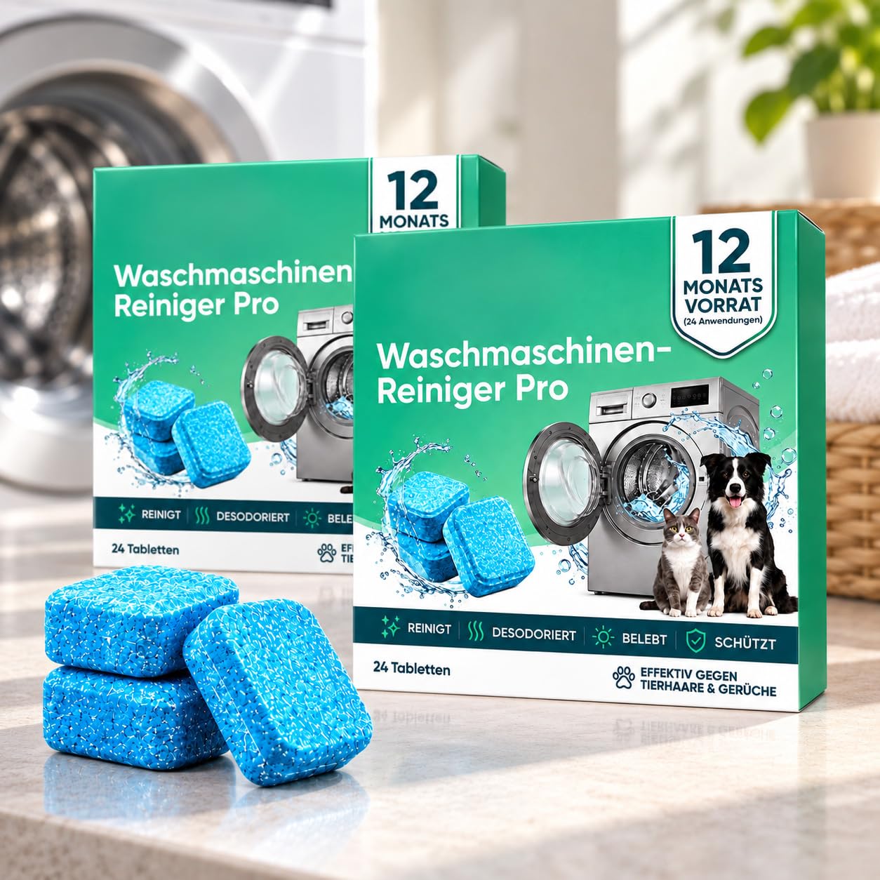 Waschmaschinenreiniger Tabs, 24 Stück gegen Geruch & Tierhaare (2PC)