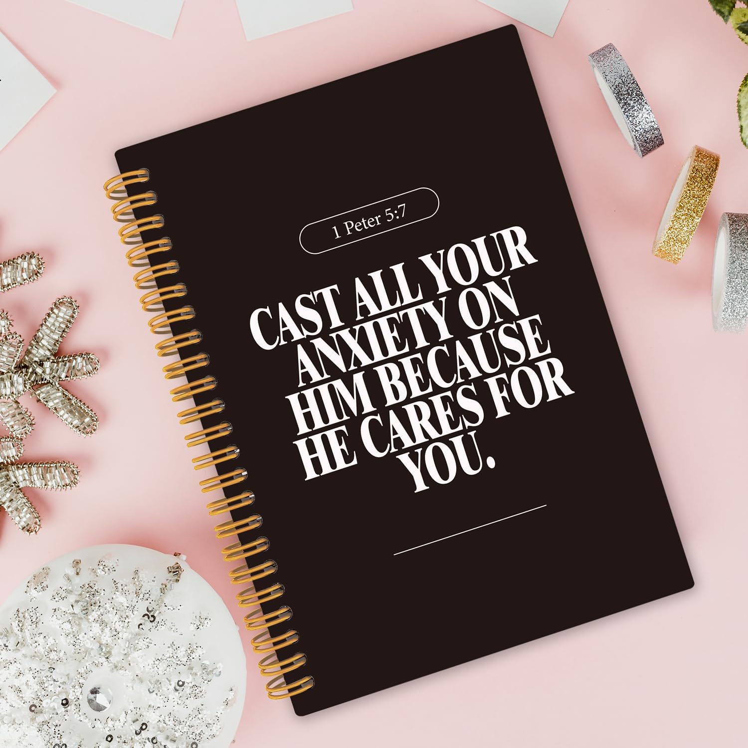 Black Christian Notebook, Black and White Modern Bible Verse Prayer Journal School Supplies, Inspirational Office Bible Scripture Spiral Church Notes Notebook 5.5x8.3 Inch image 2