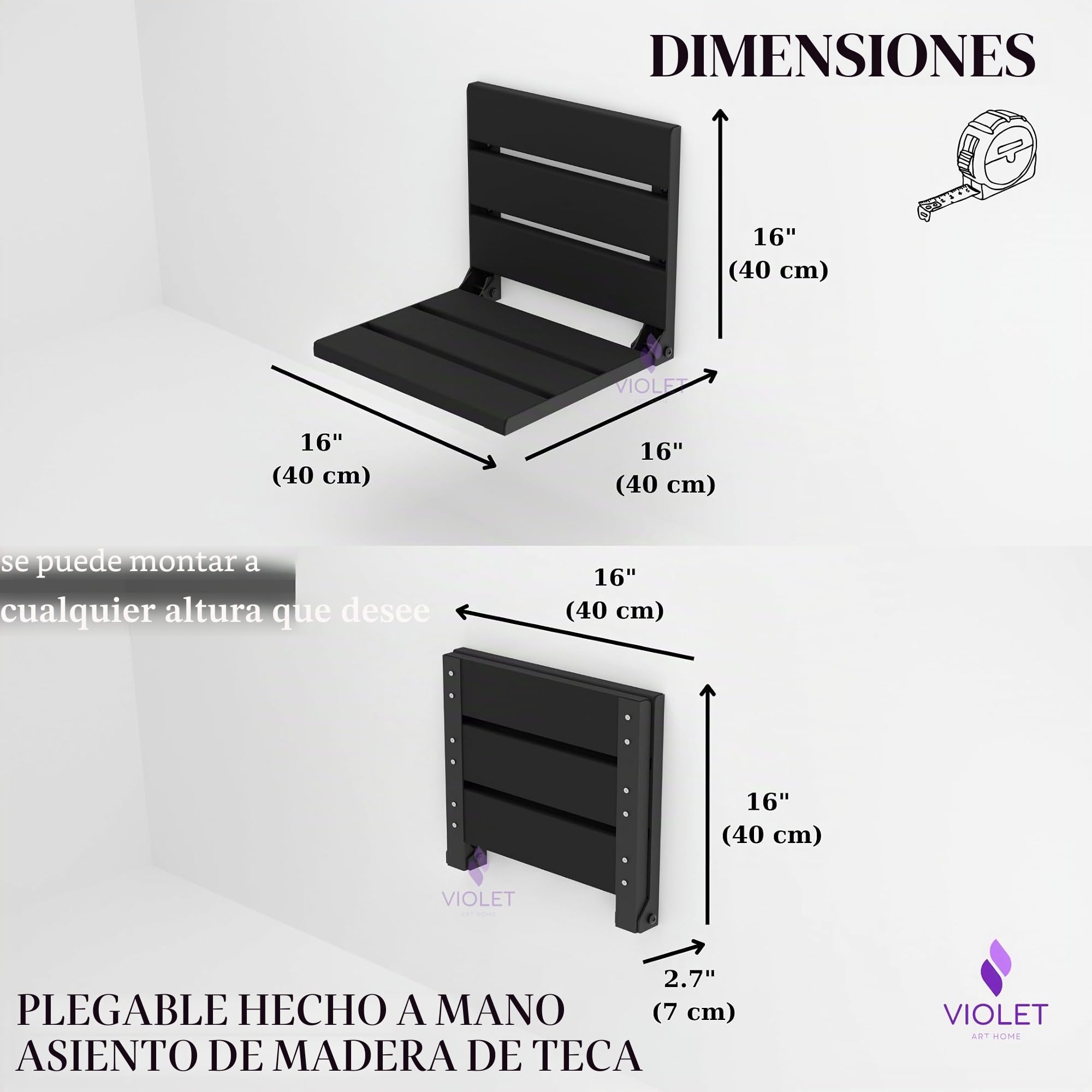 Asiento de ducha plegable de madera de teca montado en la pared, banco de baño duradero compatible con ADA, taburete de baño resistente que ahorra espacio, silla compacta plegable fácil de plegar