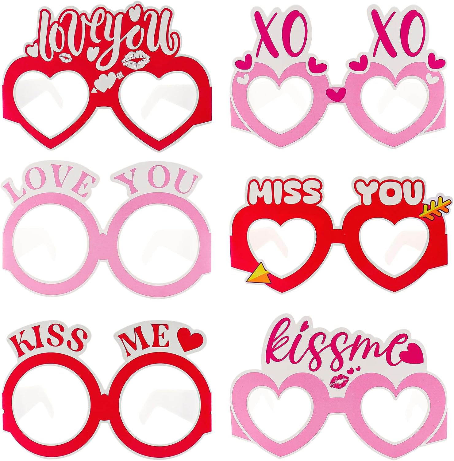 Valentine's Day Paper Glasses Eyewear - 6Pcs Pink Red Heart I Love You Eyeglasses Photo Props, Romantic Party Favors Eyewear for Couples, Galentine's & Date Night