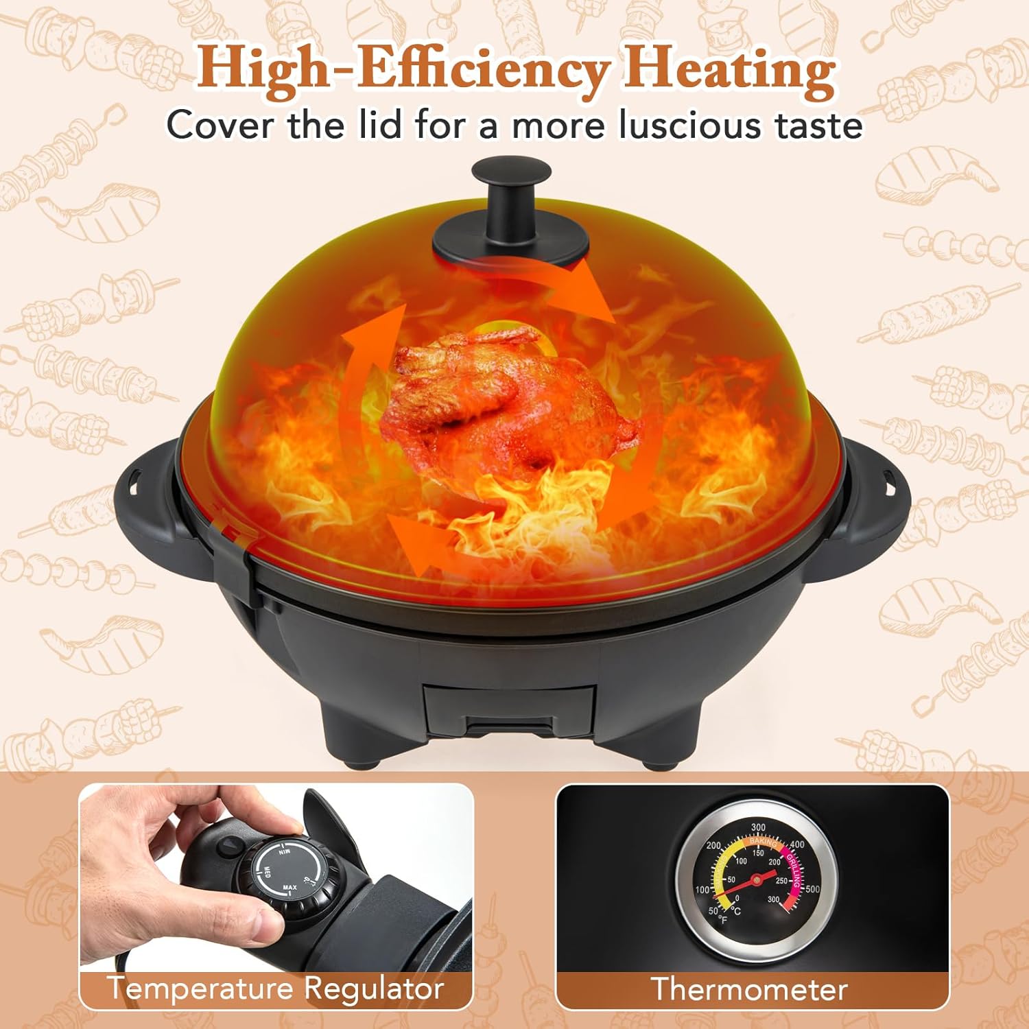 1200W Electric Grill Outdoor, 2-in-1 Freestanding & Tabletop BBQ Grill w/Thermometer, Nonstick Griddle, Lid & Drip Tray, Portable Camping Grill for Patio, Backyard, Party, Black