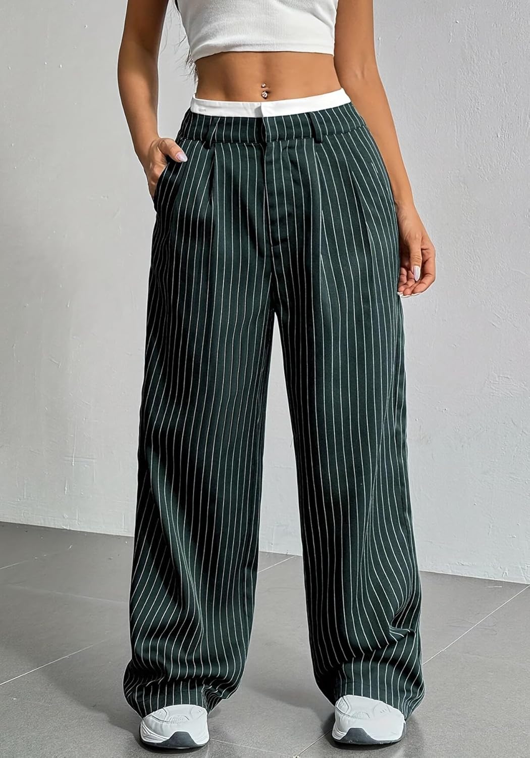 LKOUS Women's High Waisted Dress Pants Stretchy Wide Leg Striped Trousers Casual Work Office Pants with Pockets - Image 5