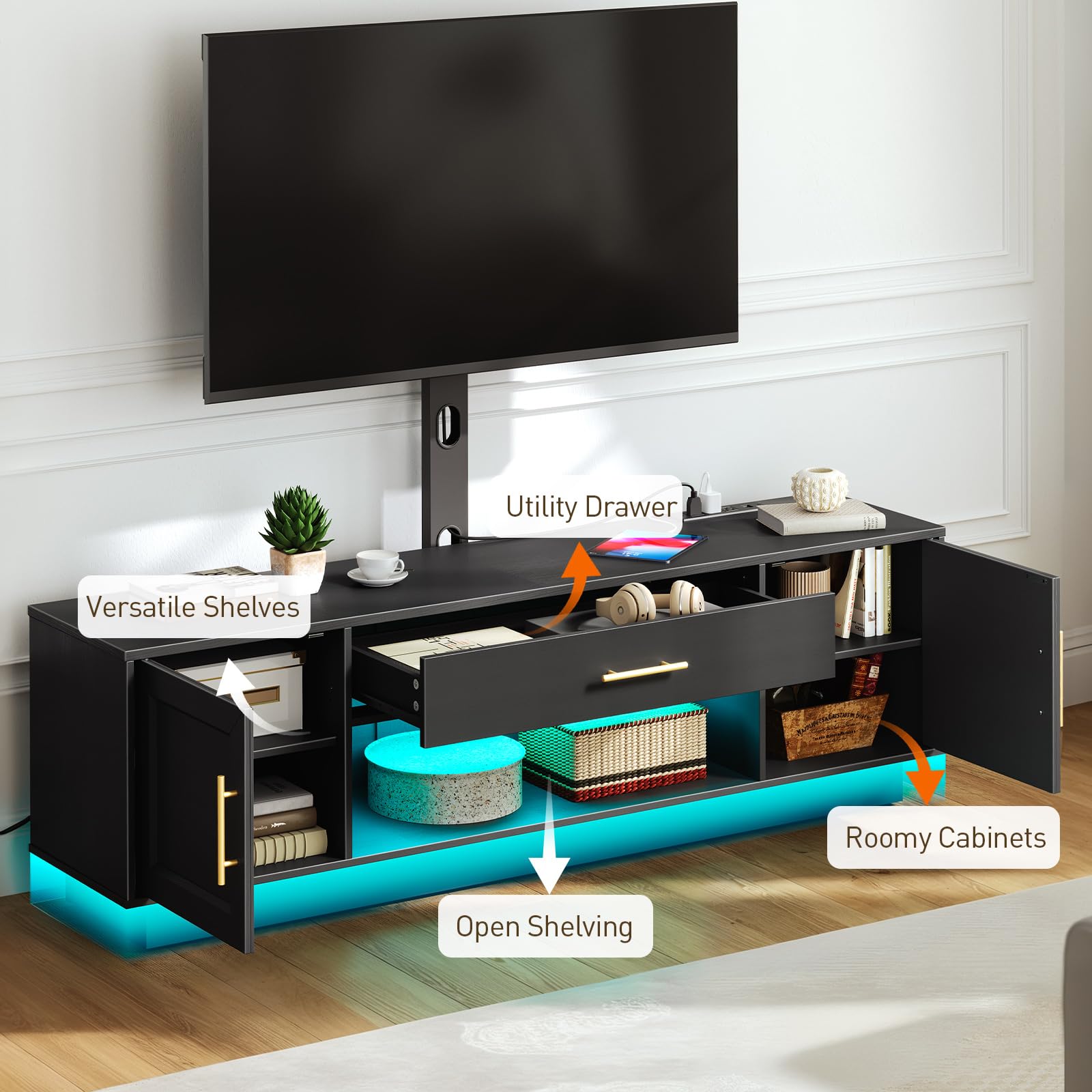 TV Stand with Mount Power Outlet 59.1", Swivel LED Entertainment Center for 32/45/55/60/65/75 inch TVs, Height Adjustable Modern Media Console Cabinet, TV Table for Living Room, Bedroom, Black