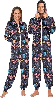 ALAZA Cute Cat Bat Halloween Adult Onesie Pajamas Set for Men Women Hooded Costume One-Piece Sleepwear Jumpsuit