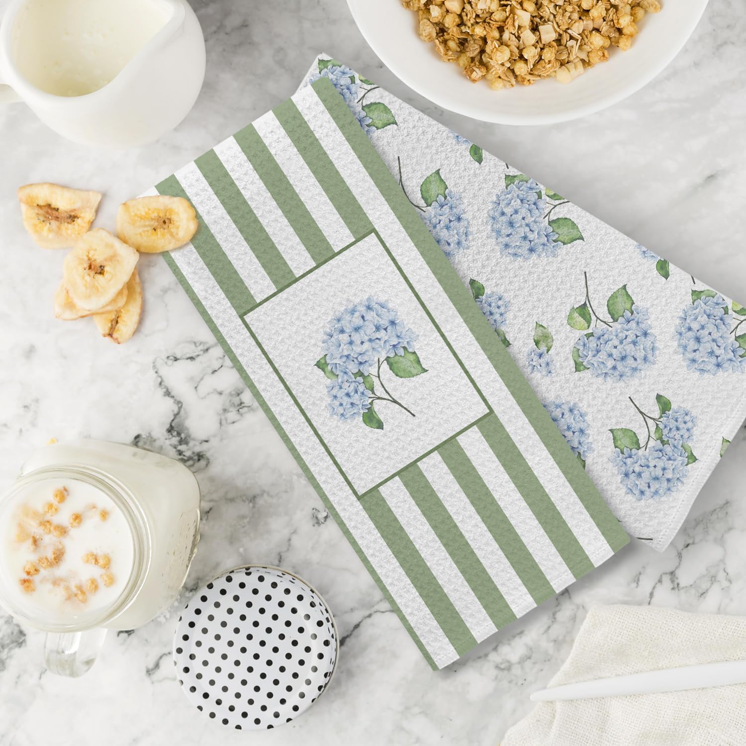 Hydrangea Floral Kitchen Dish Towels, Blue Hydrangea Flower Sage Green Striped Decorative Hand Towels for Bathroom Kitchen, Floral Bathroom Decor, 16x24 Inch Set of 2