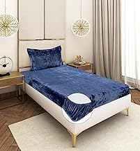 REALDREAM Presents Luxurious 310 TC Flannel Elastic Warm Solid bedsheets for Winter Single Fitted Size (72x48x8 Inches) with 1 Pillow Cover Size (18x28 Inches) (Navy Blue)