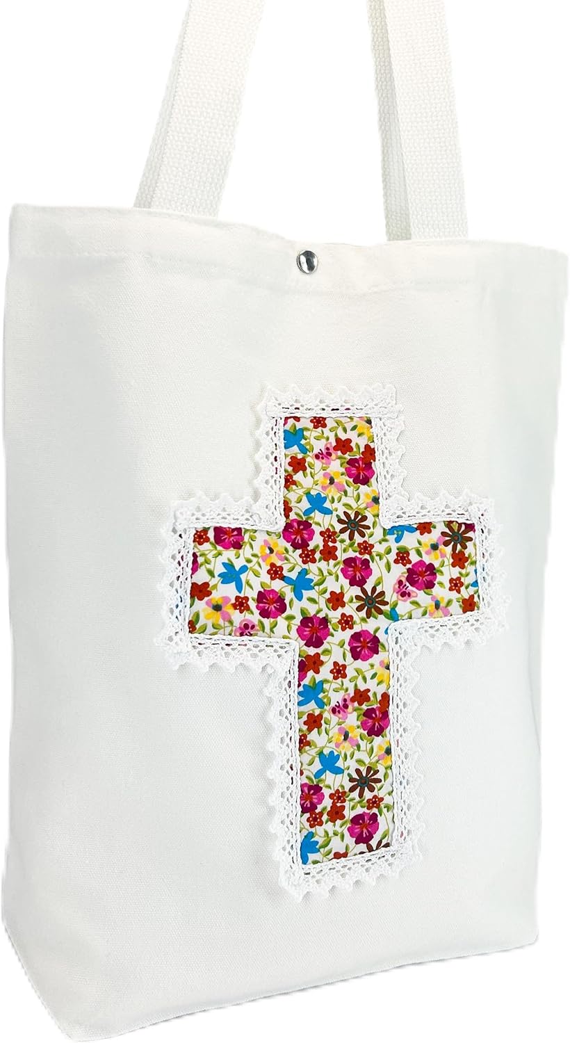 Christian Tote Bag Gift for Women, Canvas Bible Bag Handmade Floral Cross