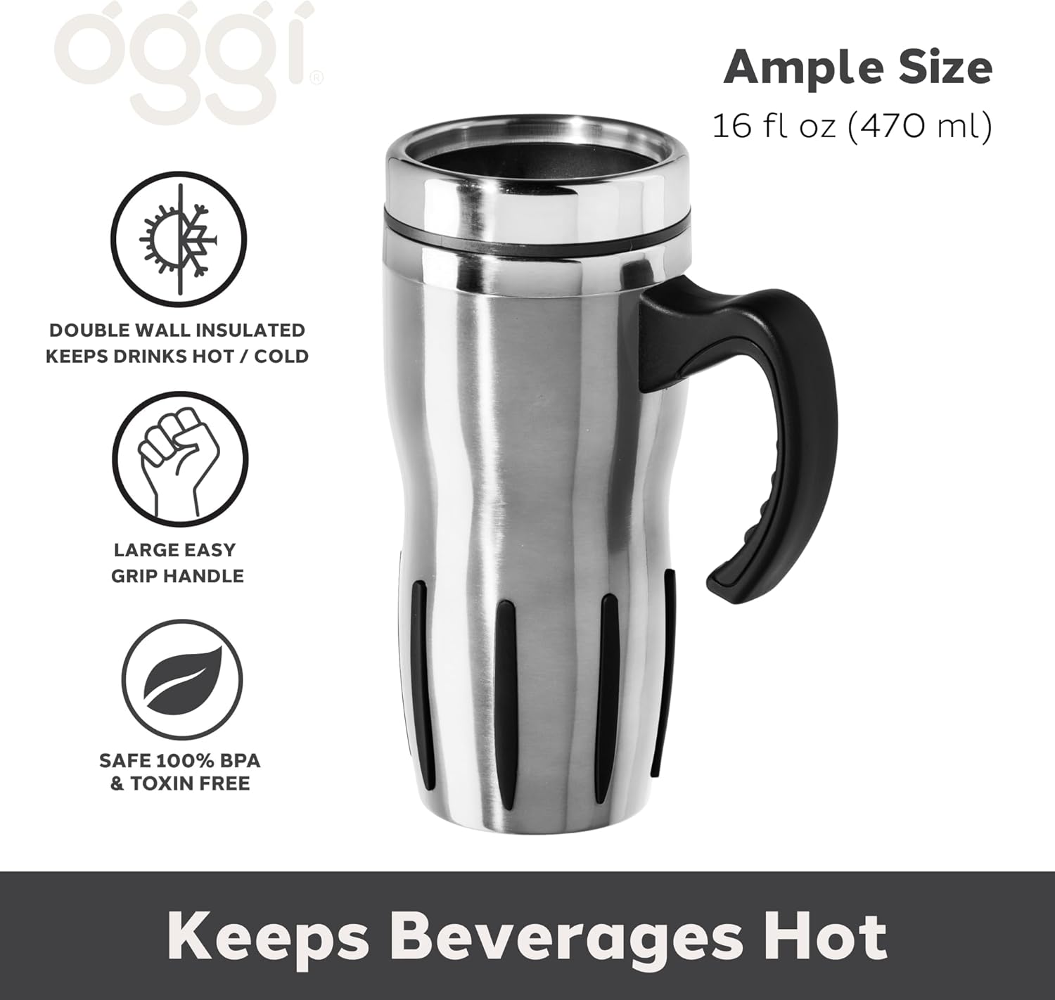 Oggi Multigrip Stainless Steel Thermal Travel Mug - 16oz, with slide open lid for hot and cold beverages. - Image 2