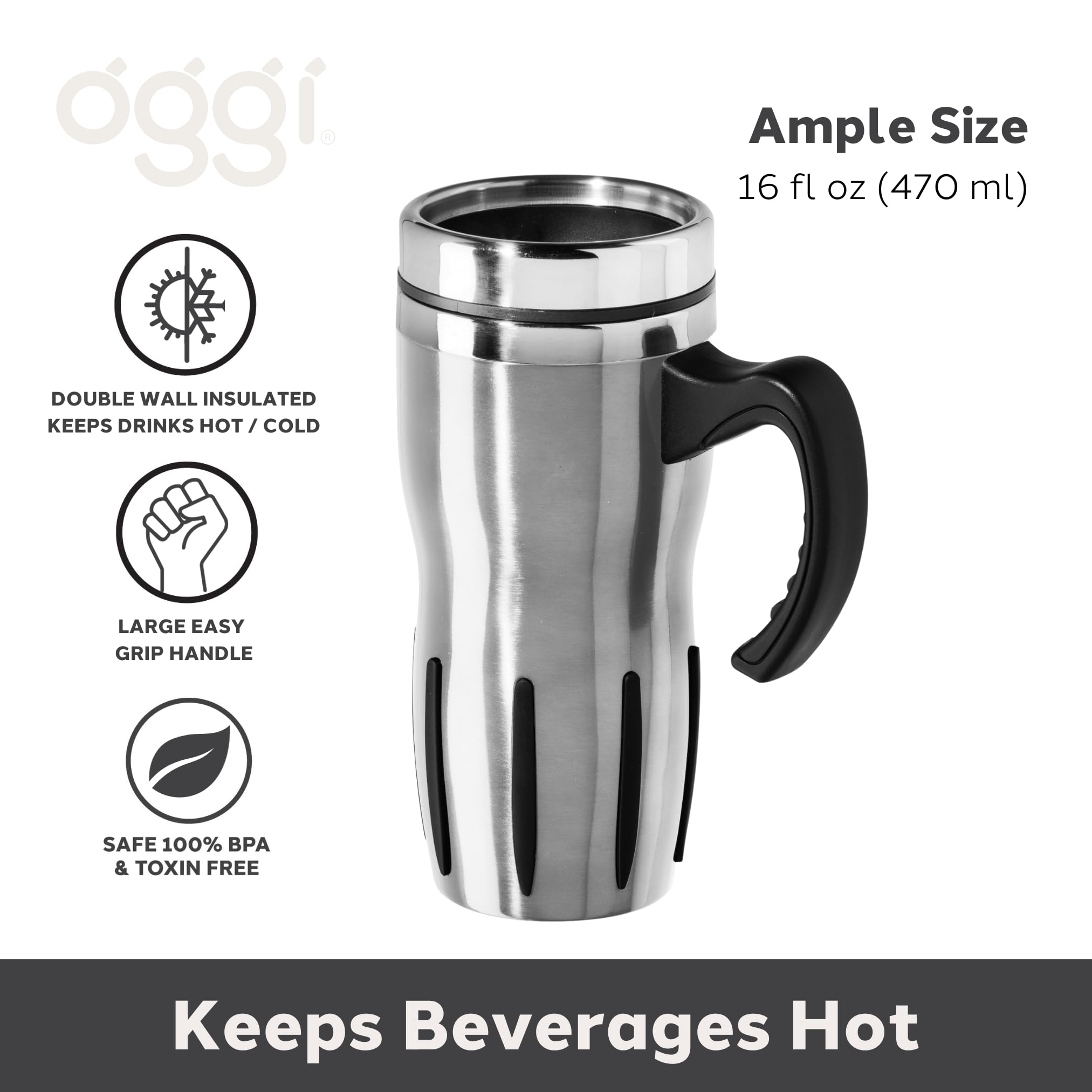 OGGI Mulitigrip Stainless Steel Thermal Travel Mug - 16oz, with slide open lid for hot and cold beverages.