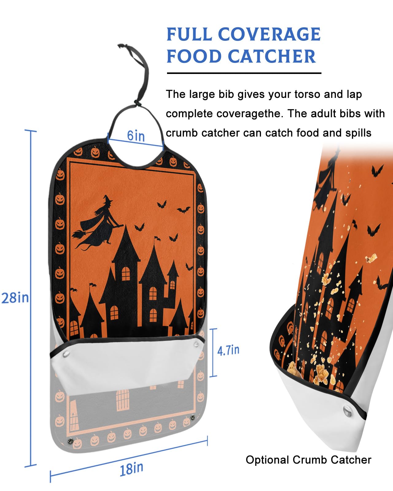 Halloween Adult Bibs for Eating, Waterproof Bibs with Food Catcher & Adjustable Snap Closure, Castle Witch Black Silhouette Pumpkin Orange Washable Clothing Protectors Adult Bibs for Elderly Women/Men