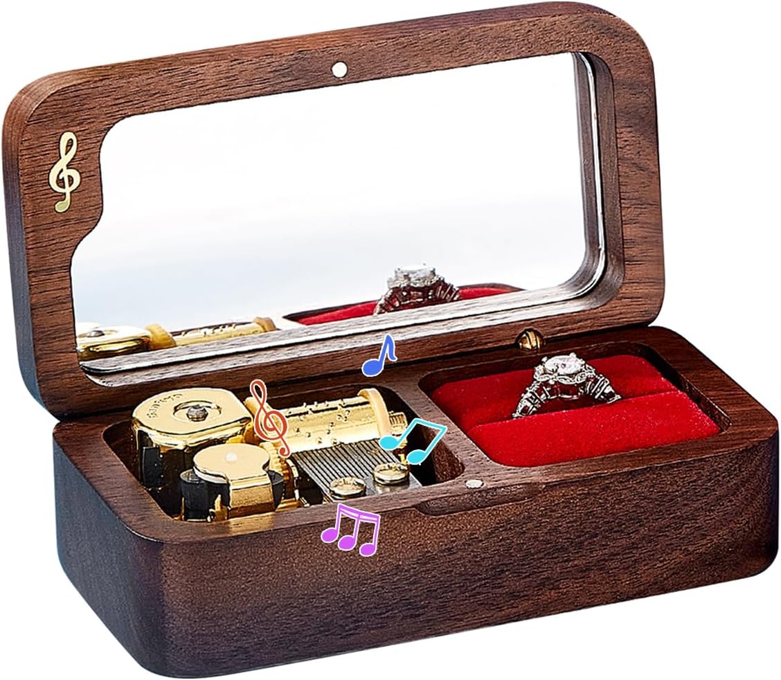 Elegant Vintage Wooden Jewelry Ring Jewelry Box, Musical Ring Box Gift for Lover Birthday Wedding Anniversary(Walnut Wood, Tune: Falling in love)