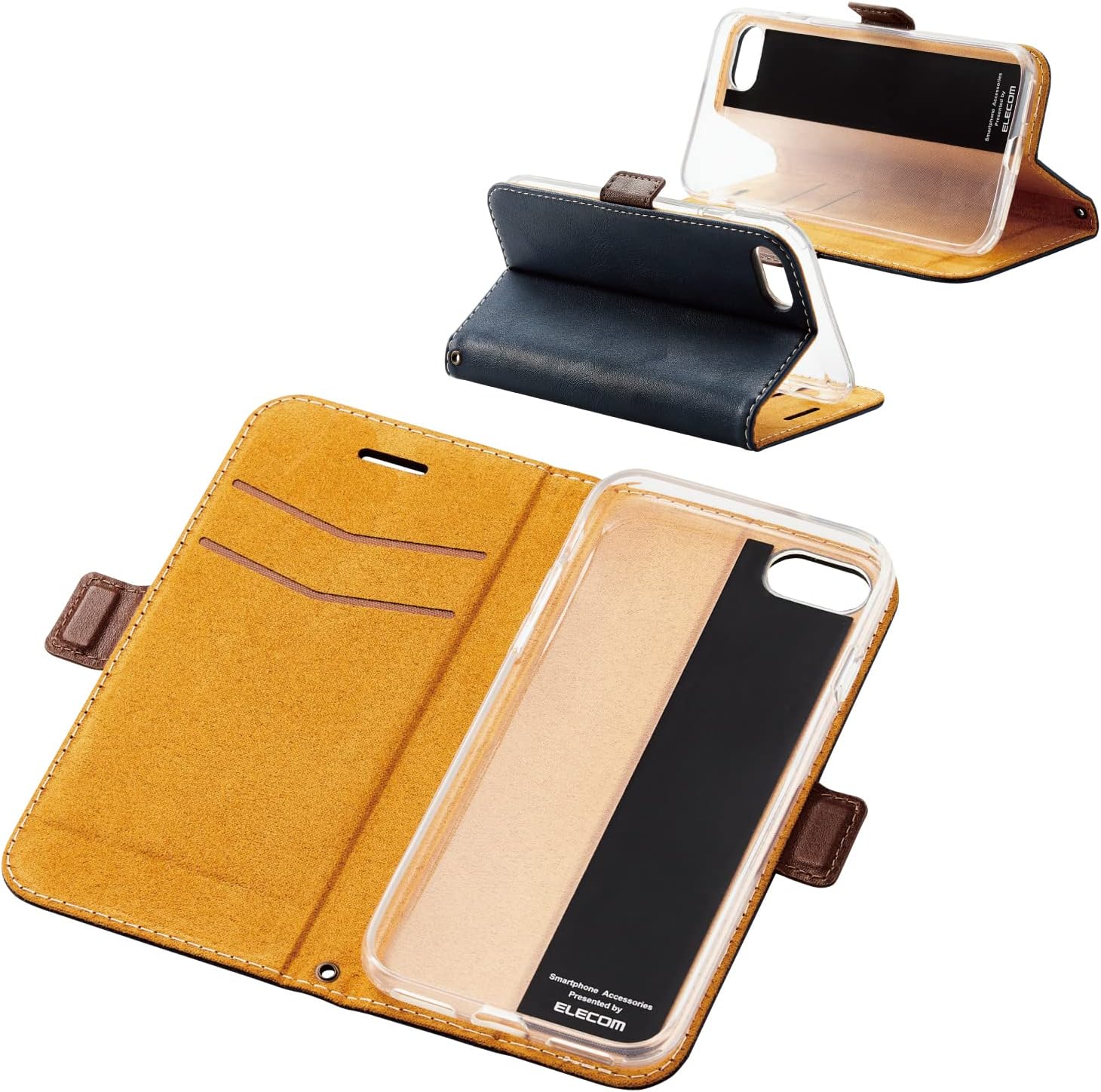 Elecom PM-A22SPLFYNV Flip Case for iPhone SE (2nd Gen/3rd Generation)/8/7, Leather, Shockproof, Stitching, Navy