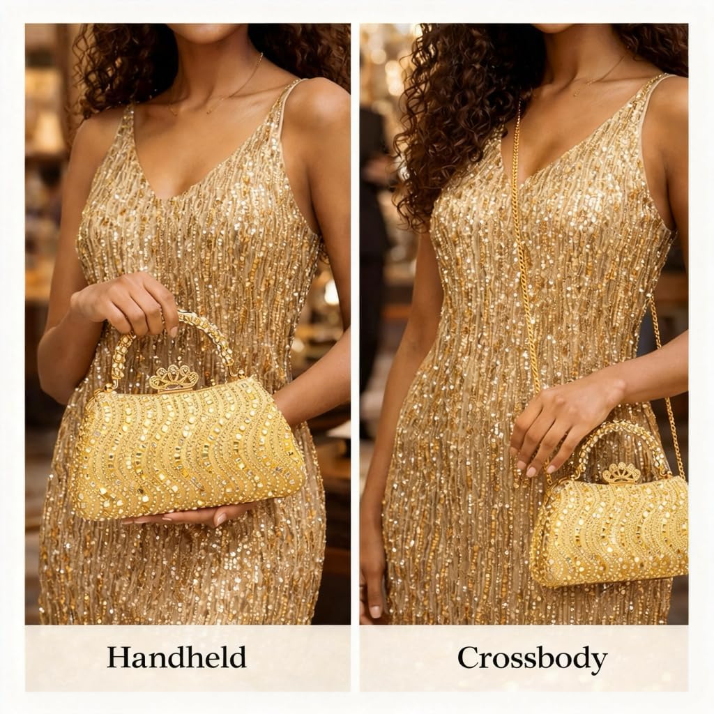 Luxury Crystal Rhinestone Evening Clutch for Women, Gold Wedding Party Purse with Handle, Elegant Formal Prom Cocktail Handbag for Brides & Special Occasions（Gold）