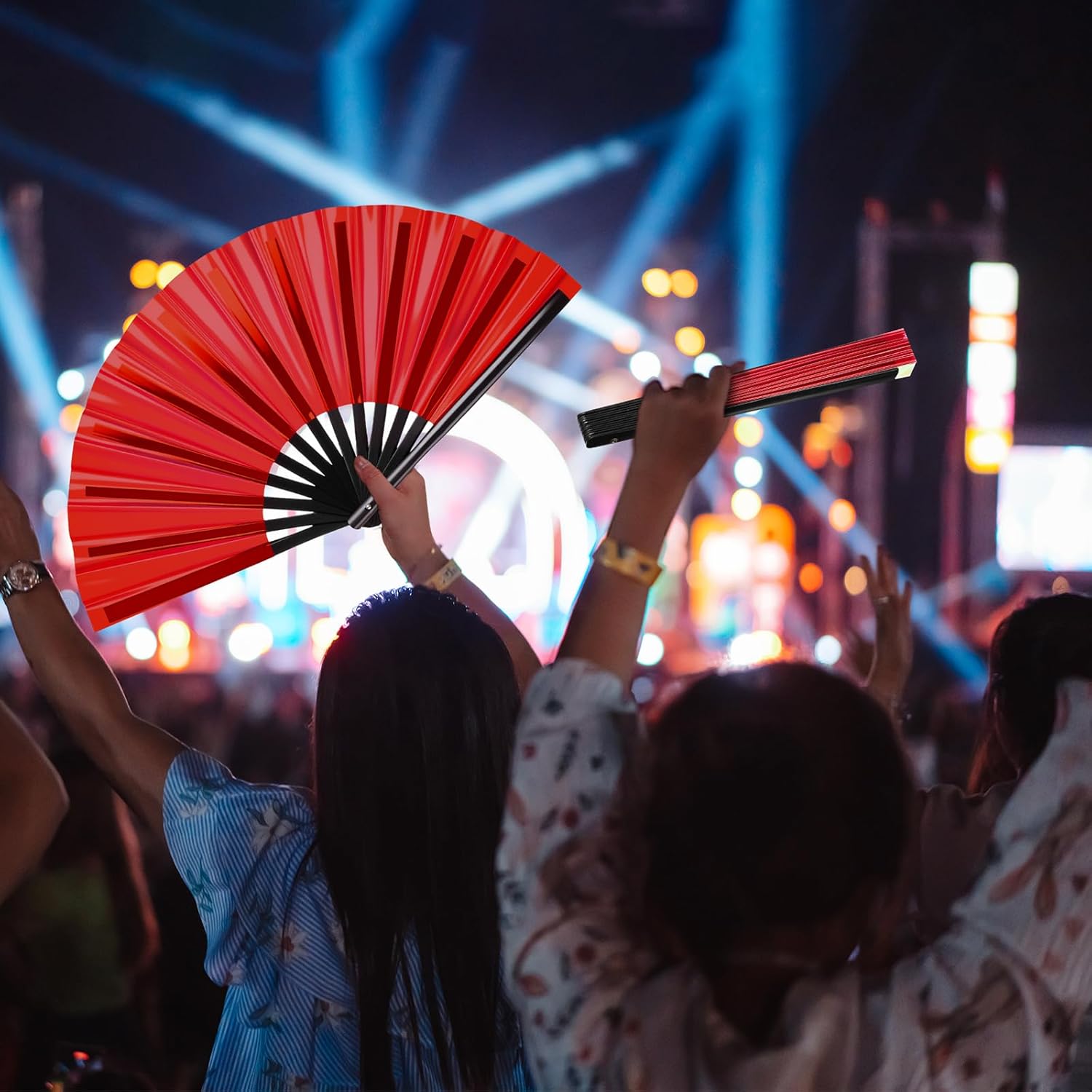 Maitys Large Rave Fan Folding Handheld Fans 13'' Clap Fans for Line Dancing Clack Fan Holographic Festival Accessory for Martial Art Gift Performance, Includes 2 Pouch