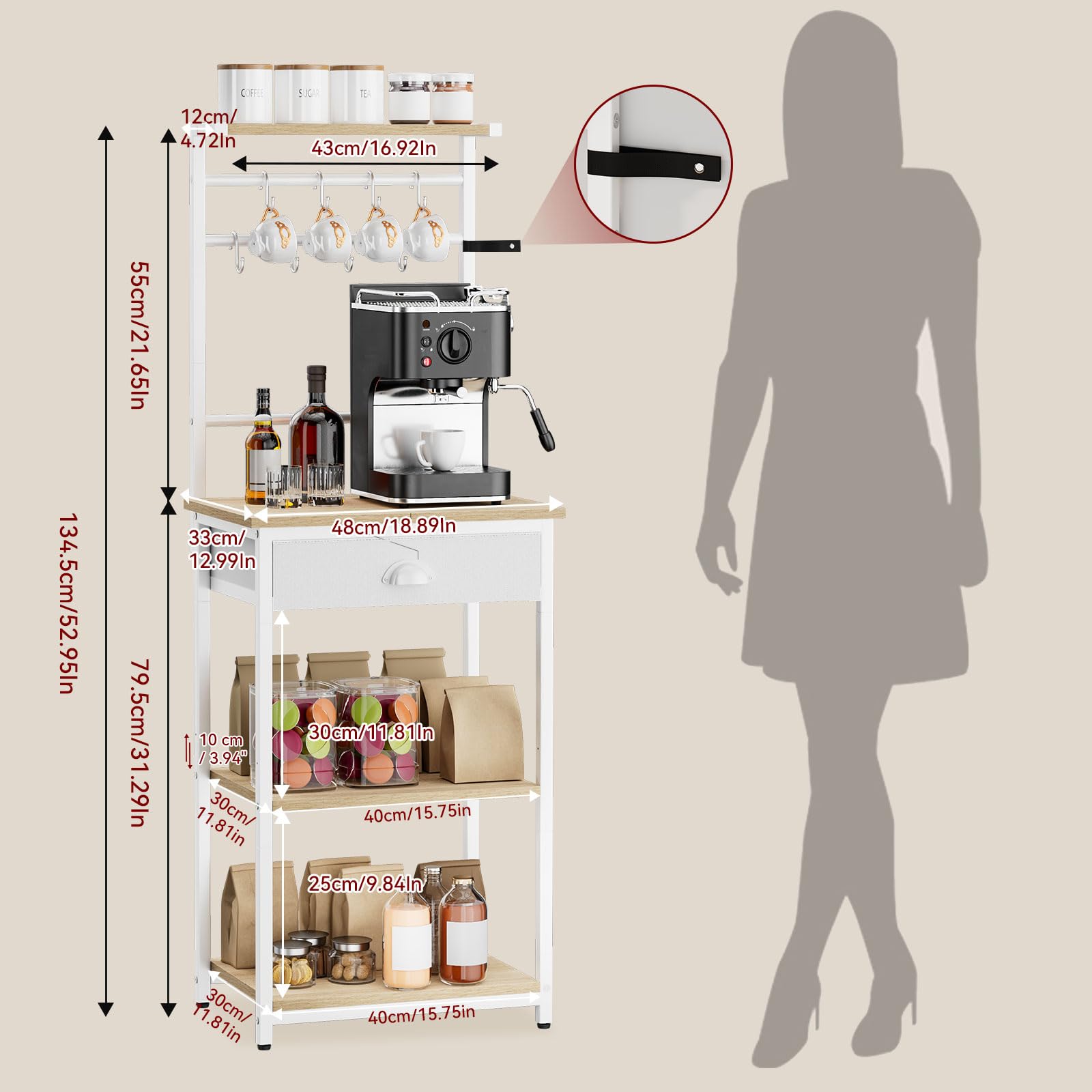 YMYNY Étagère de Cuisine, Porte-Café en Bois à 5 Niveaux, Rangement pour Machine à Café, Organisateur avec 8 Crochets, Tiroirs en Tissu, pour Salon, Bureau, Naturel HBR009R
